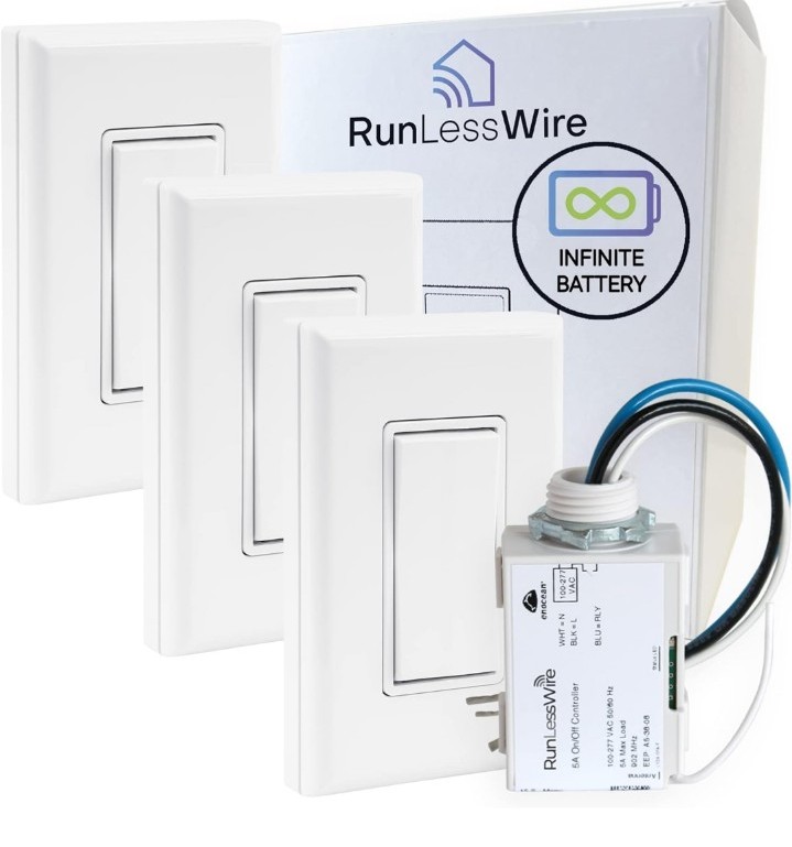 RunLessWire, Original Self-Powered Wireless Light Switch & Receiver Kit, 4 Way