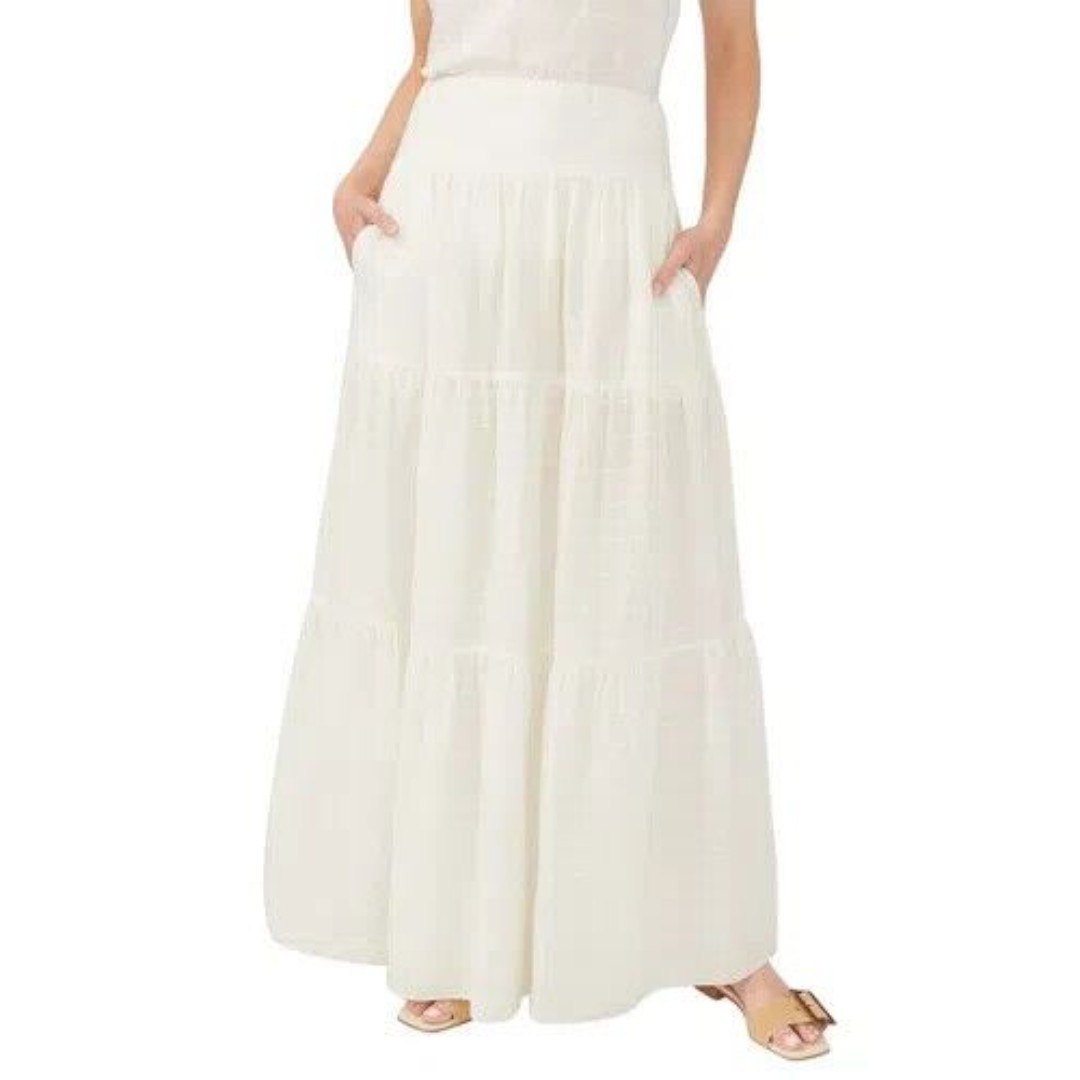 J.Mclaughlin Solid White Maxi Tiered Skirt Linen Blend Boho Peasant Size Small
