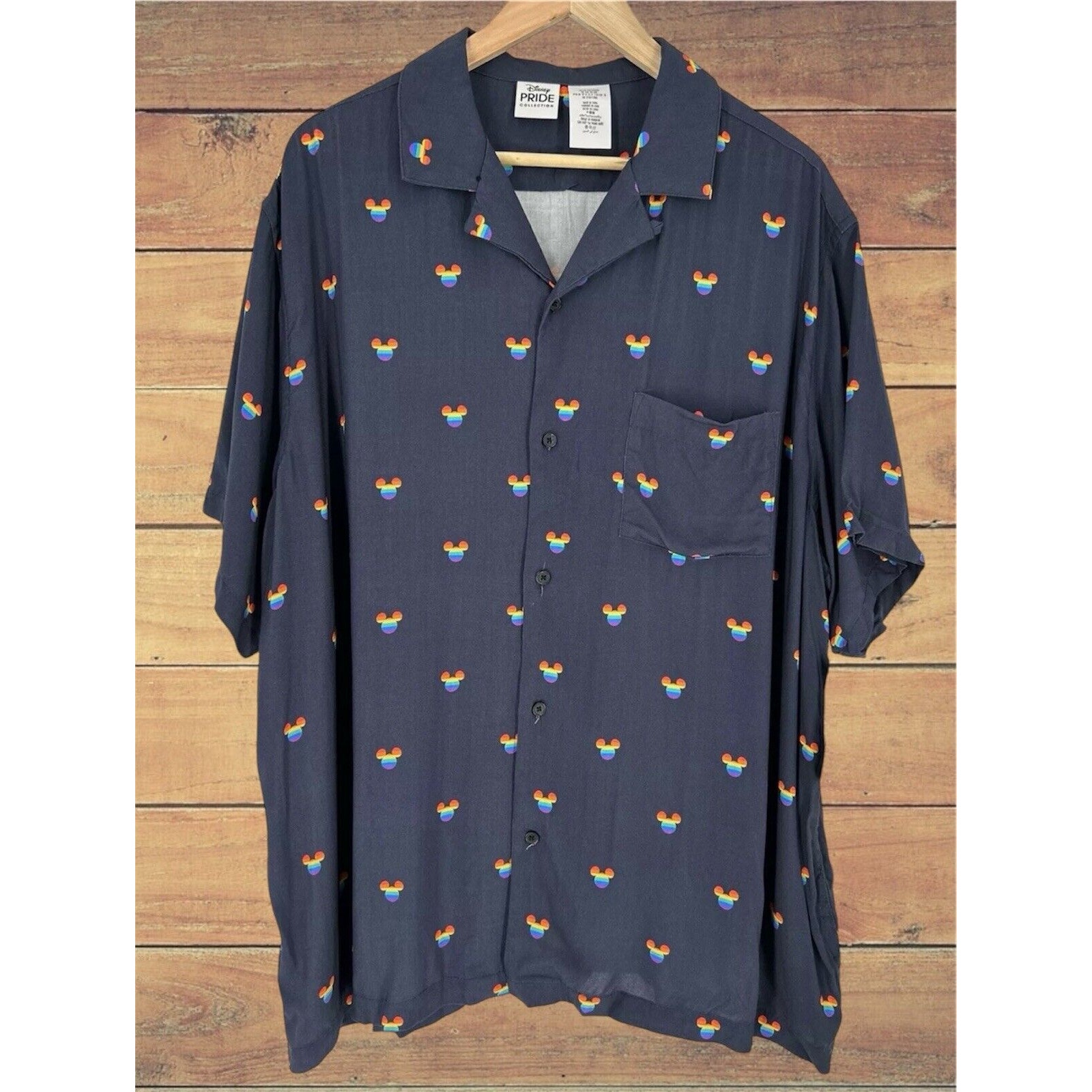 NWT Disney parks Mickey Mouse Rainbow Head Pride Navy Blue button up XXXL