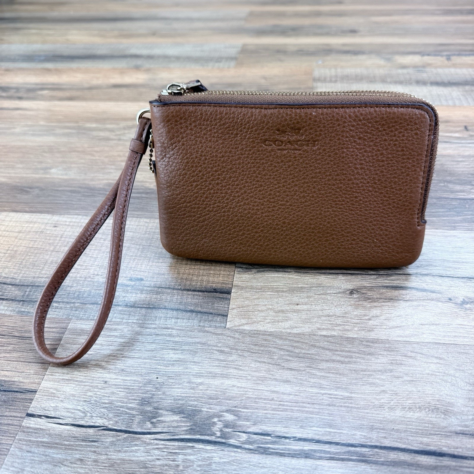 Coach Smooth Leather Double Corner Zip Wristlet Saddle Brown F64581