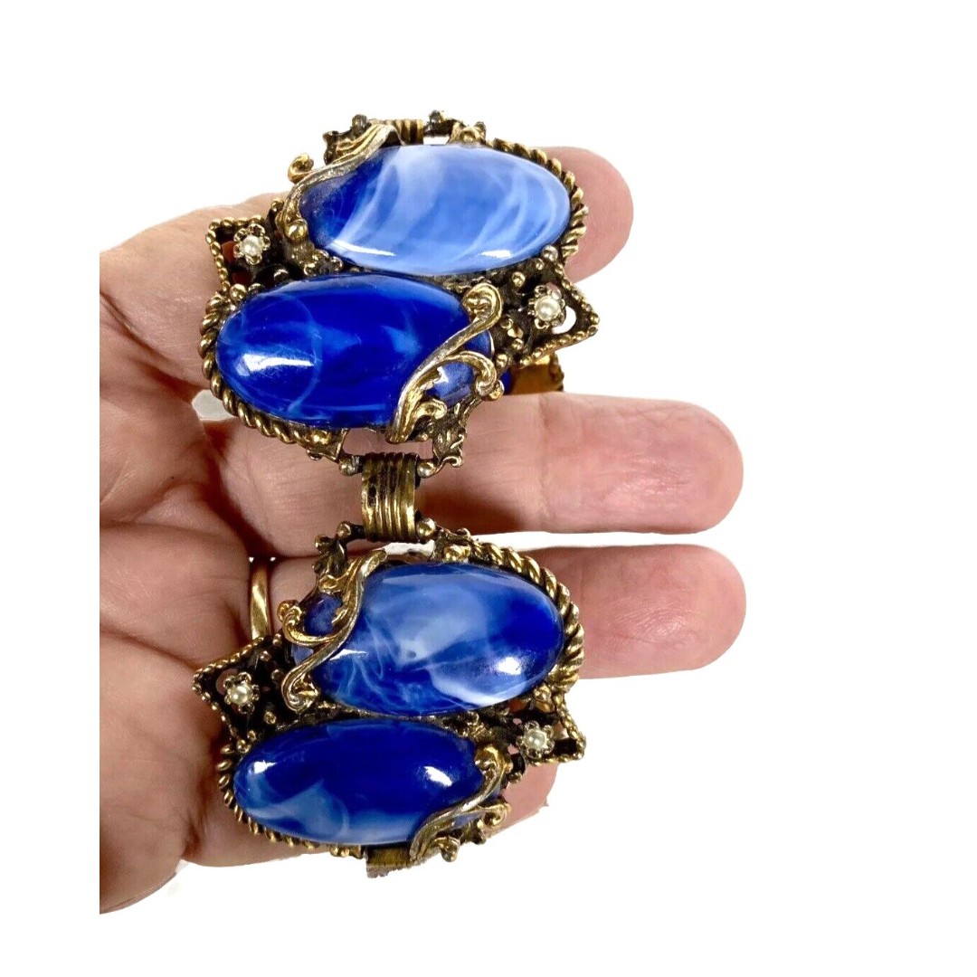 Vtg MCM Chunky Blue Swirl Lucite Link Gold Tone Metal Bracelet, 7-1/4 Long
