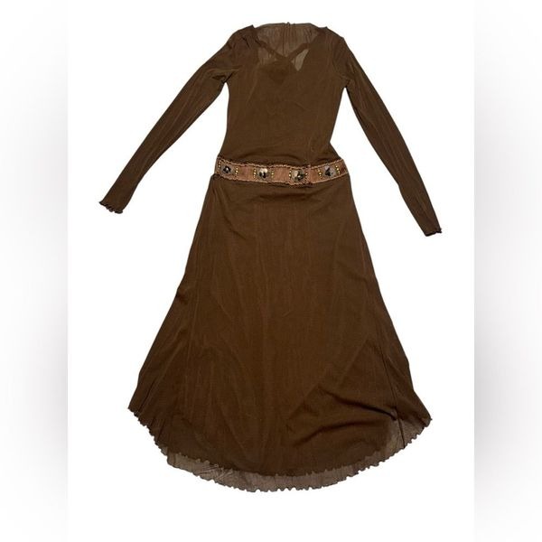 ELANNA KATTAN BOHO women’s brown long sleeves mesh lace up neck midi dress small