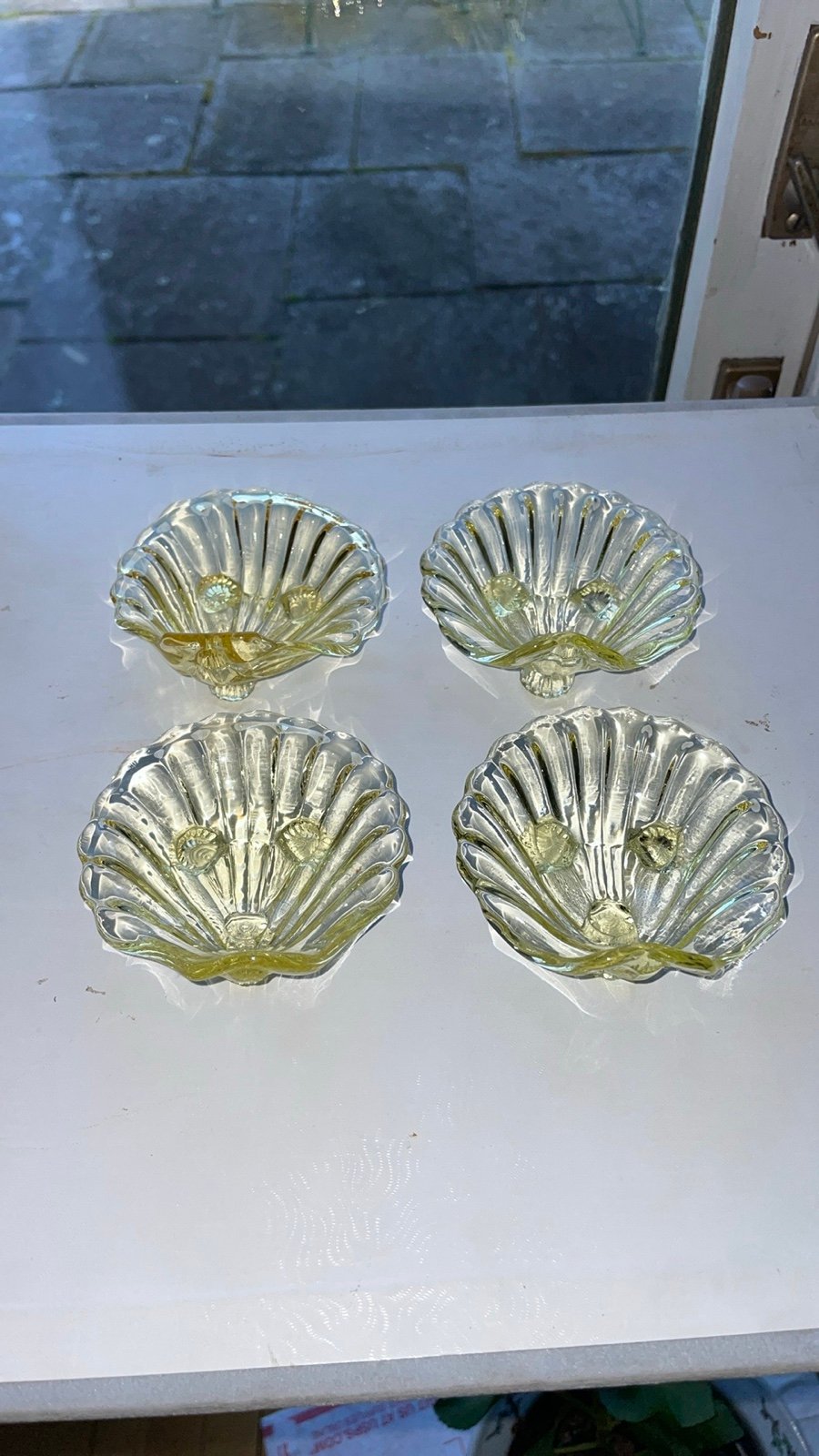 Cambridge Glass Shell Footed Vintage Yellow Nut Dishes Salt Cellars Set of 4