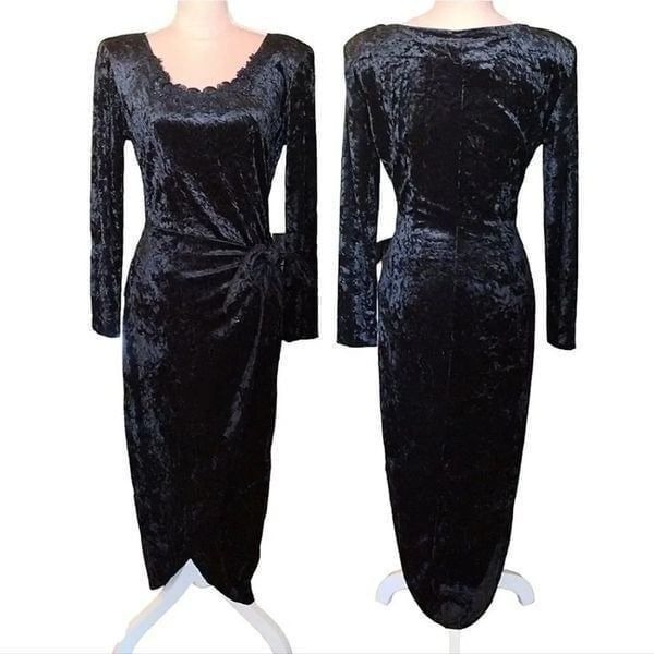 Vintage 90s Black Velvet Long Sleeve Whimsigoth Midi Dress Medium