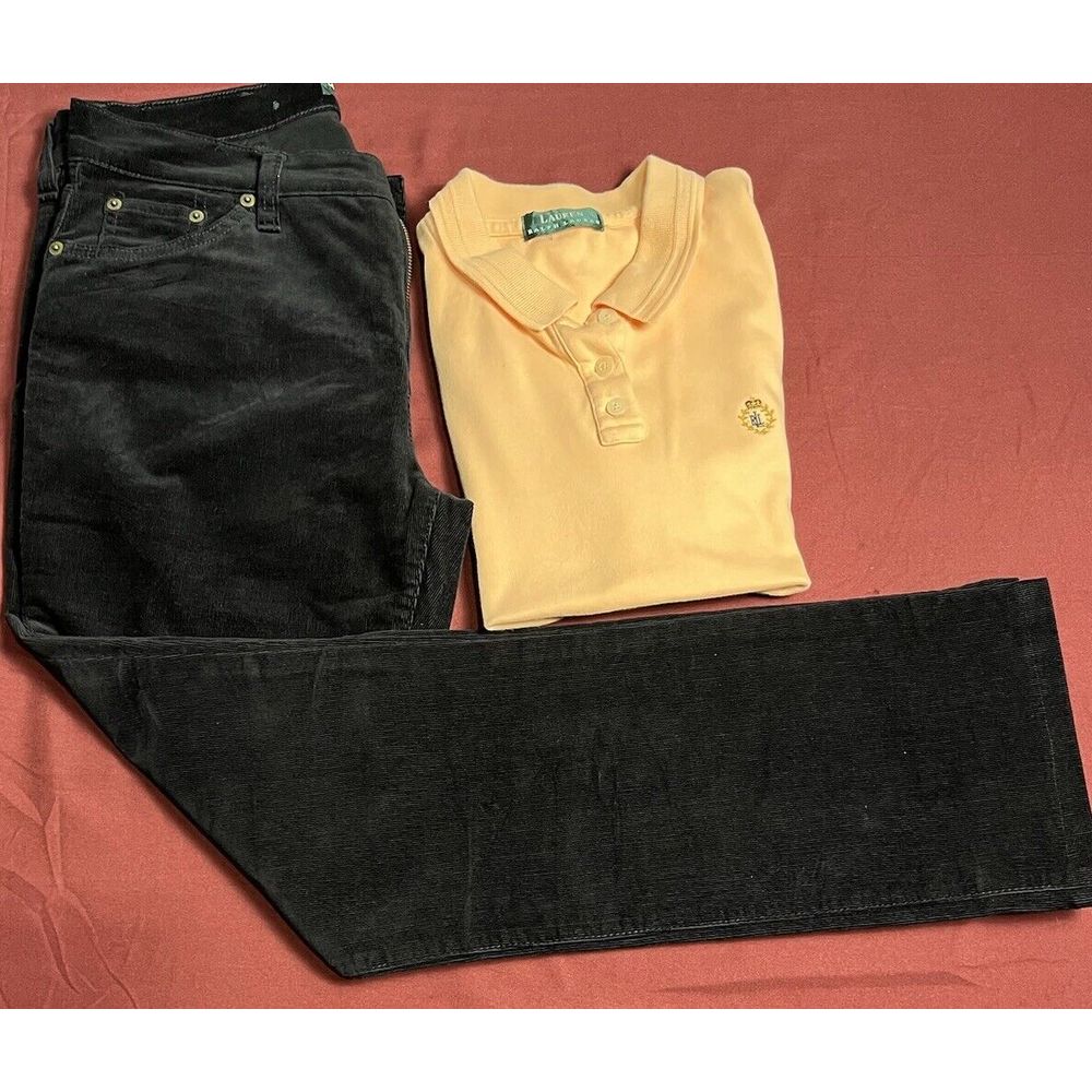 Vintage LRL Ralph Lauren black Womens Smooth Corduroys (8)  & peach Shirt