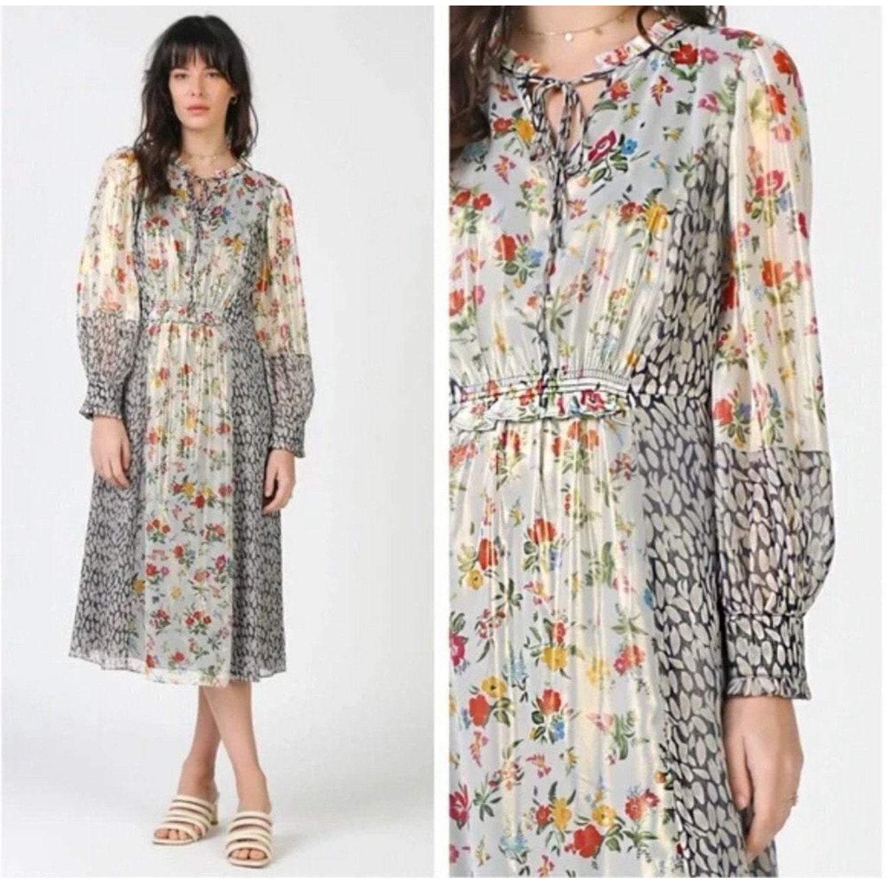 Current Air Los Angeles Dress Cottagecore Metallic Floral Mixed Print Midi Small