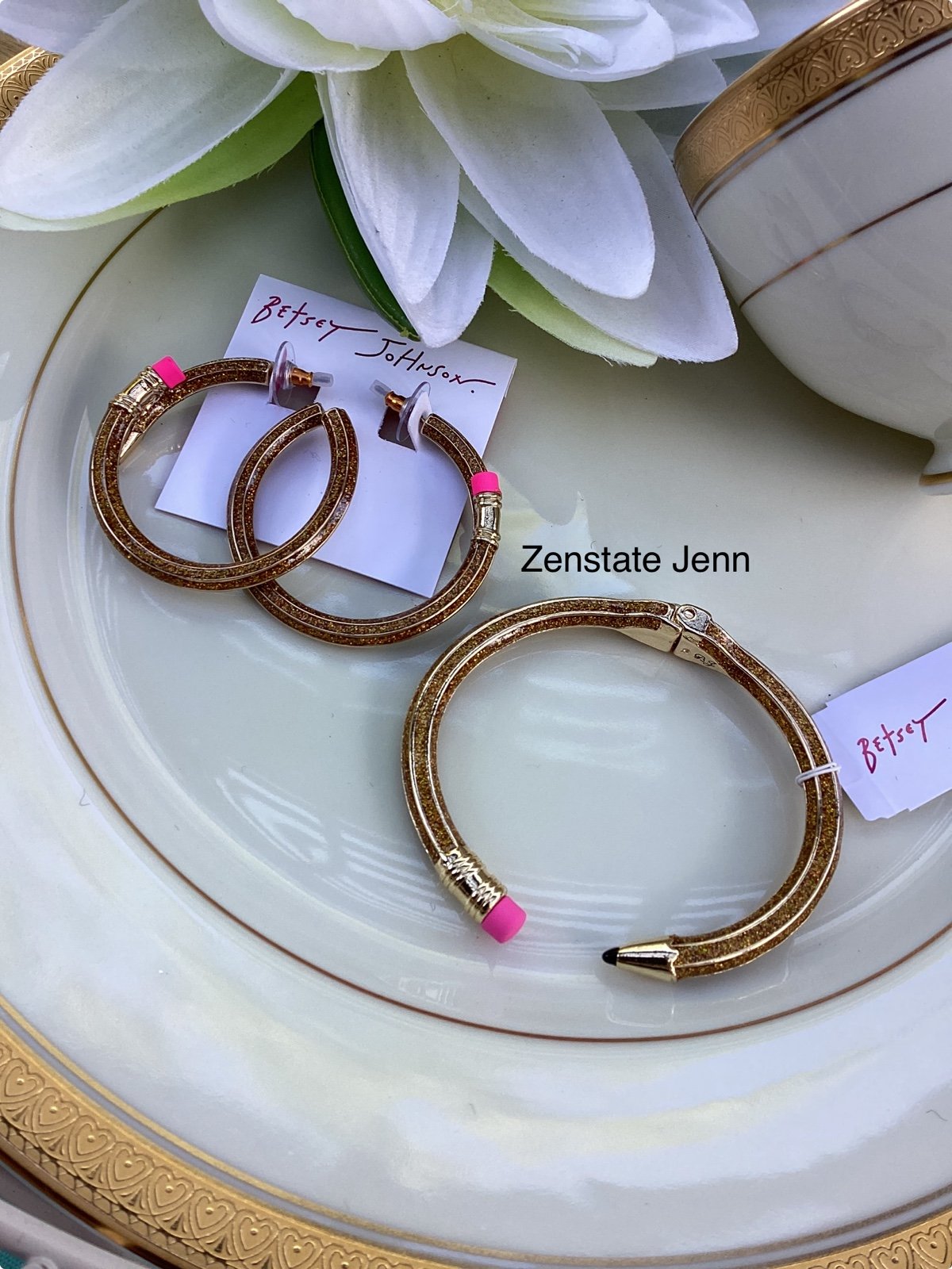 Betsey Johnson Gold Pencil Bracelet & Earrings Set