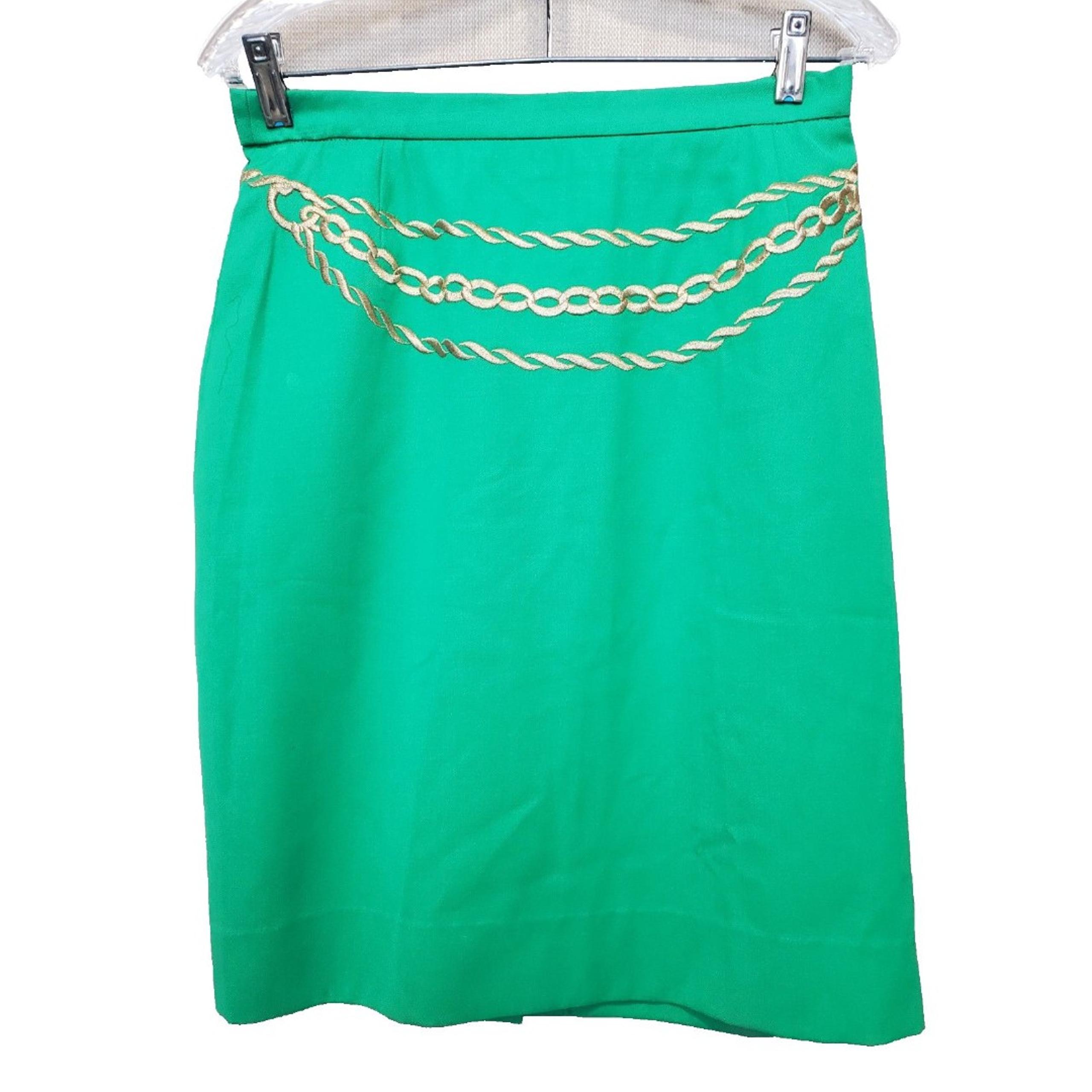 Escada Margaretha Ley Green Wool Chain Embroidered Lined A-Line Skirt Size EU 40