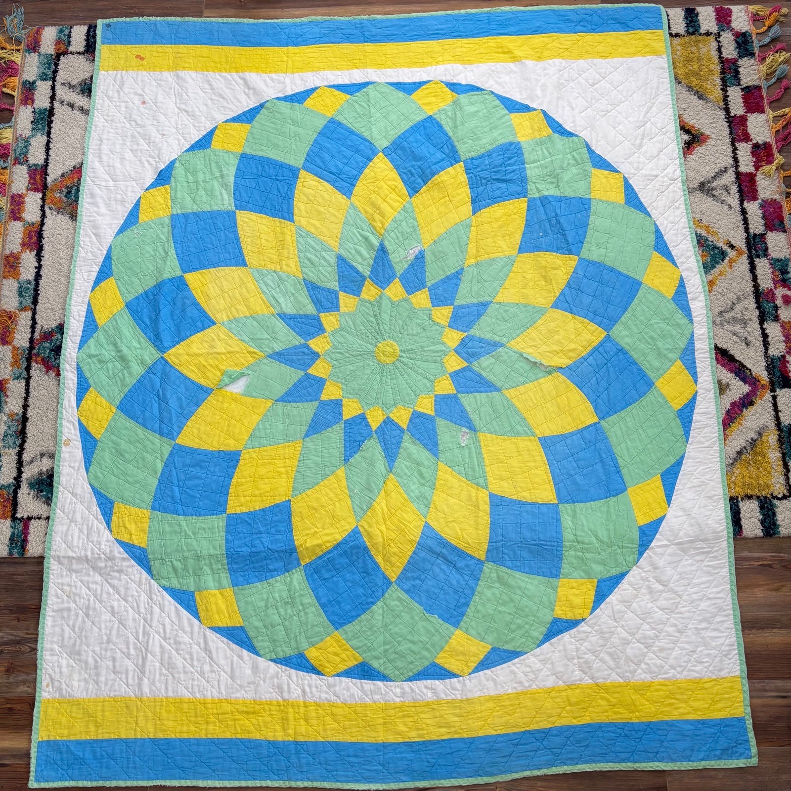 Vintage 70s Dahlia Mandala Star Hand-Stitched Quilt