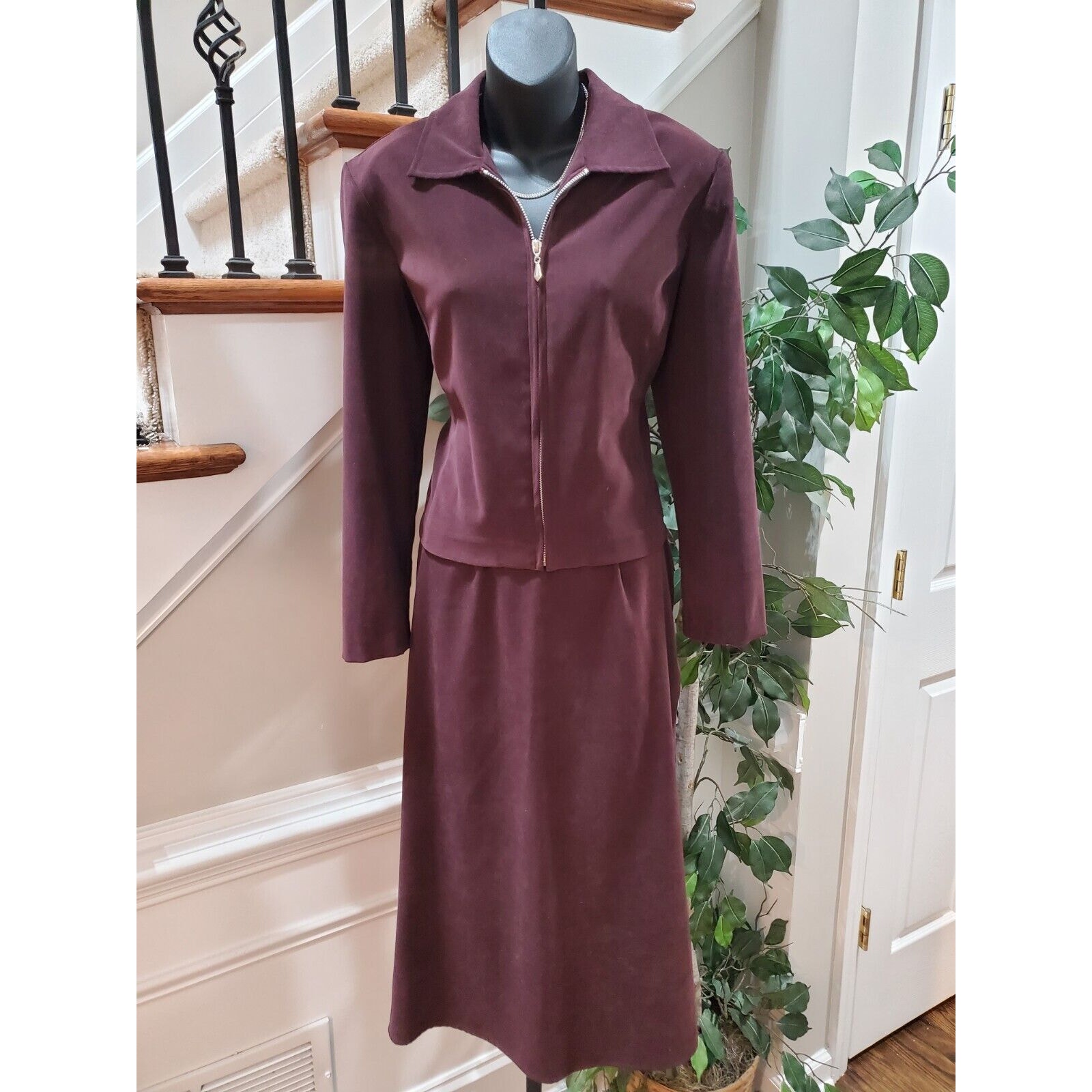 First Option Women's Brown Full Zip Jacket & Long Skirt Two Piece Suit Petite 6