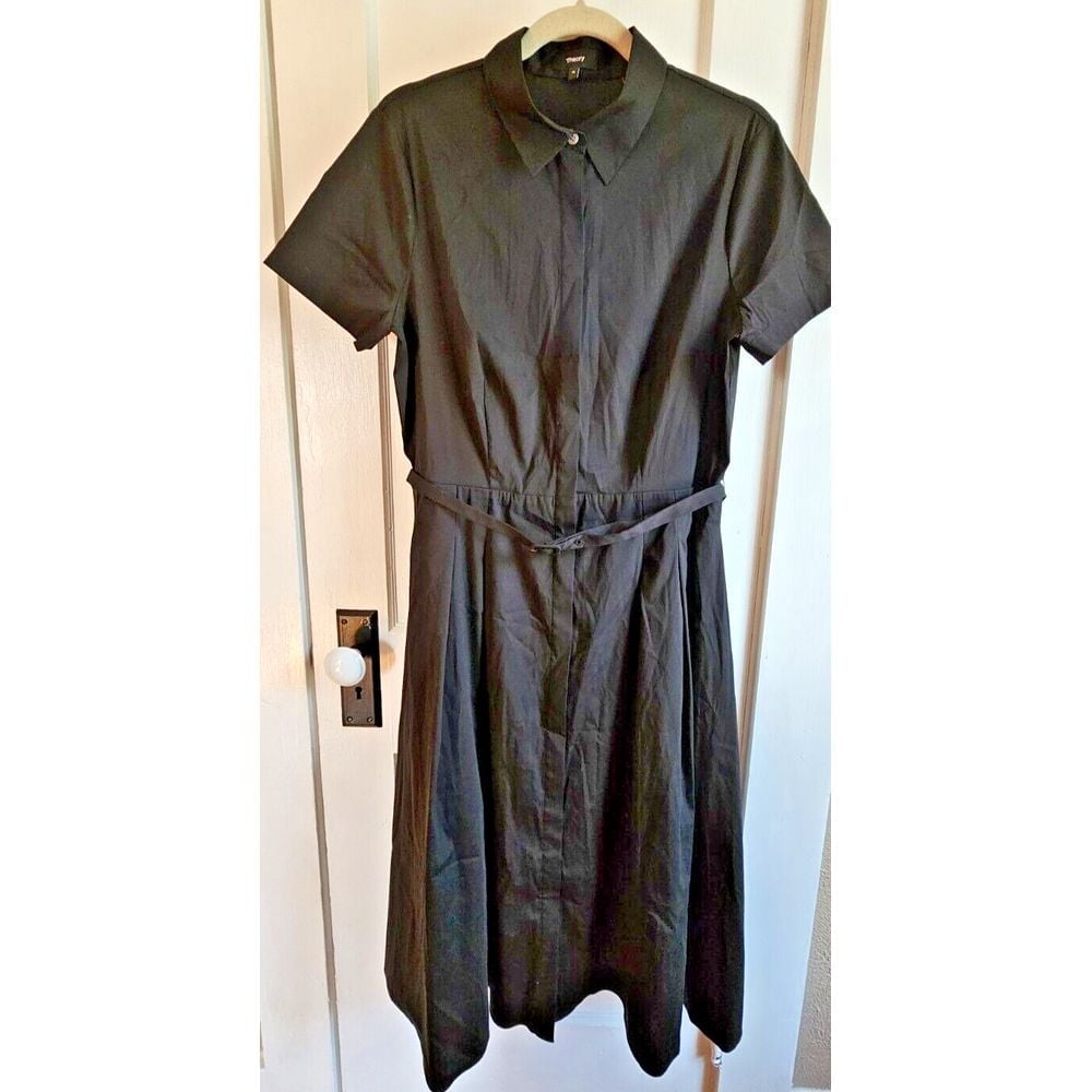Theory short sleeve shirt dress buttoned front belted fit/flare black woman 14