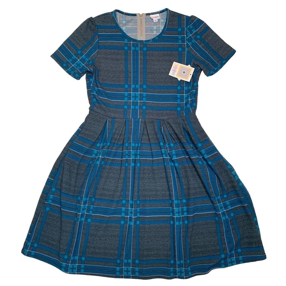 LuLaRoe Womens Dress Size 2XL Amelia Blue Teal Gray Tweed Plaid 2X XXL NWT