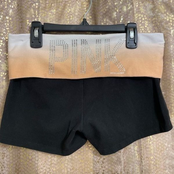 VTG Y2K PINK Rhinestone Logo Fold Over Ombre Orange Black Yoga Shorts Small