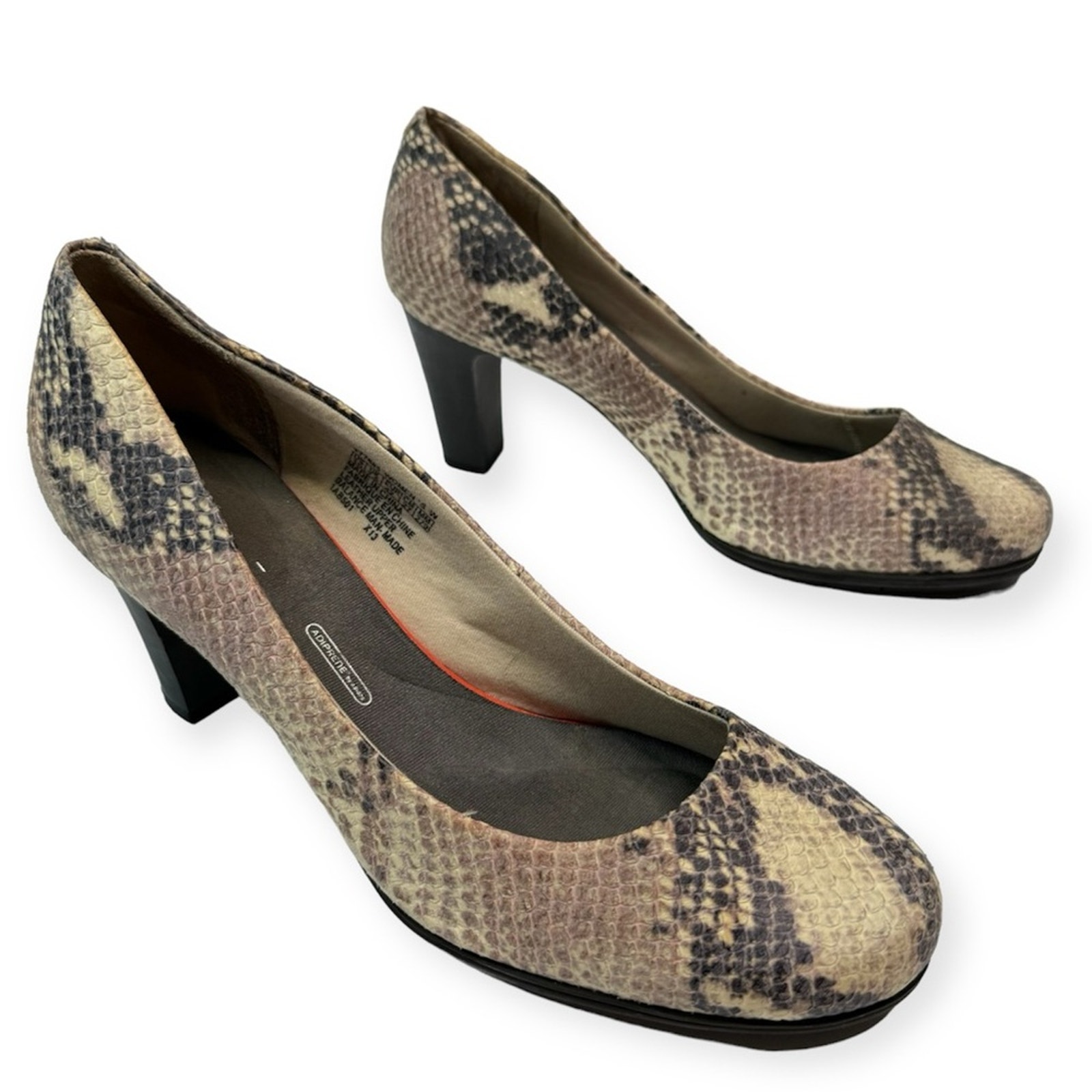 Rockport Women’s Snake Pattern Leather Pumps Oval Toe Block Heel Size 10