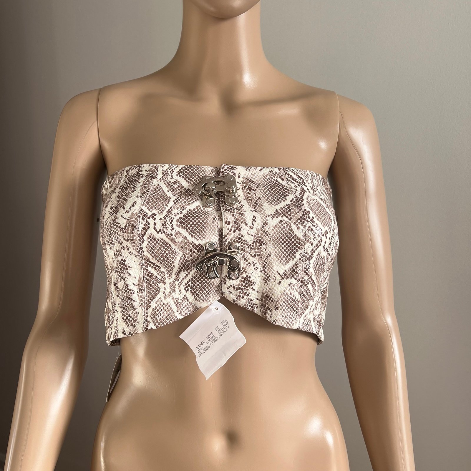 LĒO Allora Faux Leather Snake Print Top W/ Swing Hooks White/Brown Women Size XS