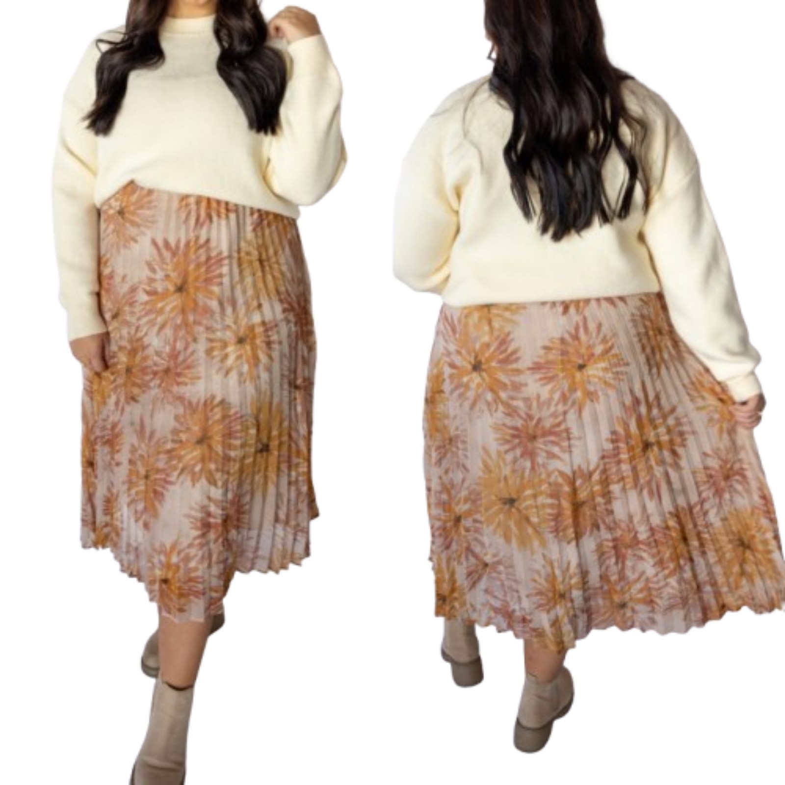 Dusty Light Pink Pleated Skirt Orange Floral Print NWT Plus Pull-on Modest