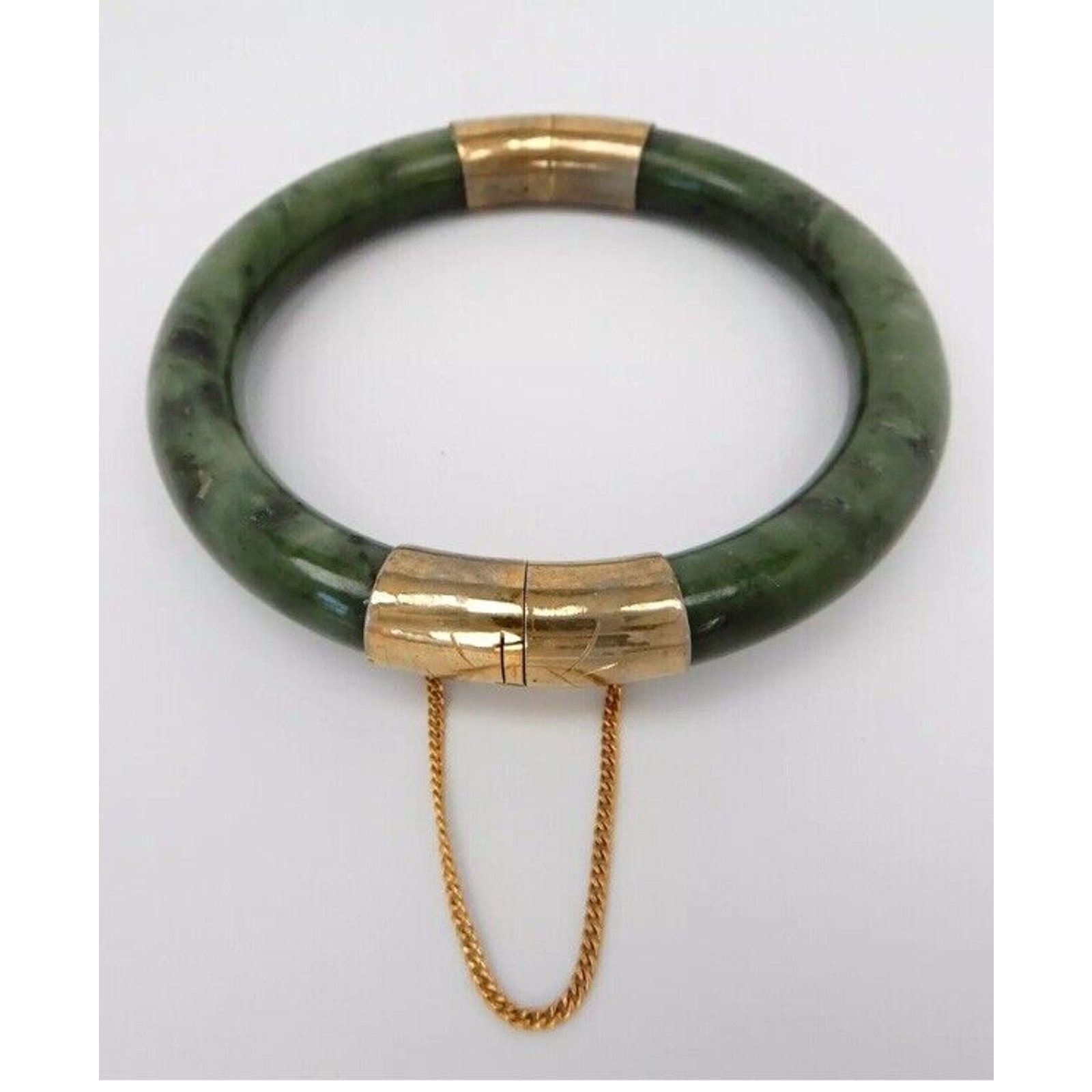 Vintage Green Jade Jadite Bracelet Hinged Bangle W Gold Closure