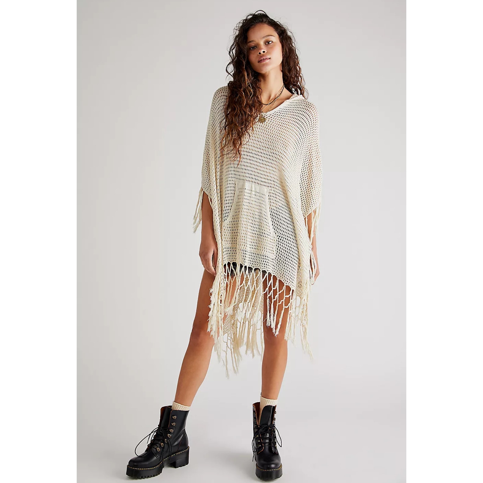 New Free People Summer House Crochet Hooded Fringe Poncho 128 ONESIZE