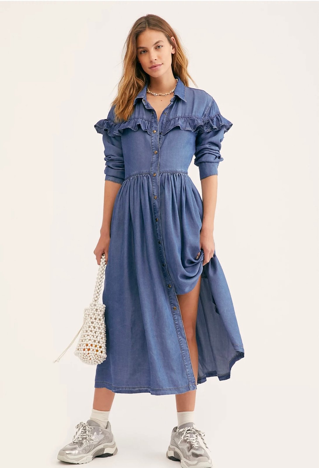Free People Chambray Midi Montana Sunset Ruffle Dress size M