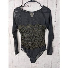 Victoria's Secret Y2K Gold label Black Shear Bodysuit Long Sleeve Lace Illusion