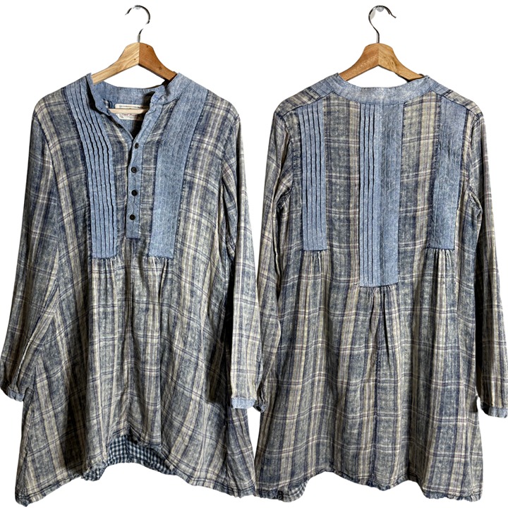 Free People Artisan de Luxe Plaid Pleated Tunic Top Womens Small Ivory Blue Boho