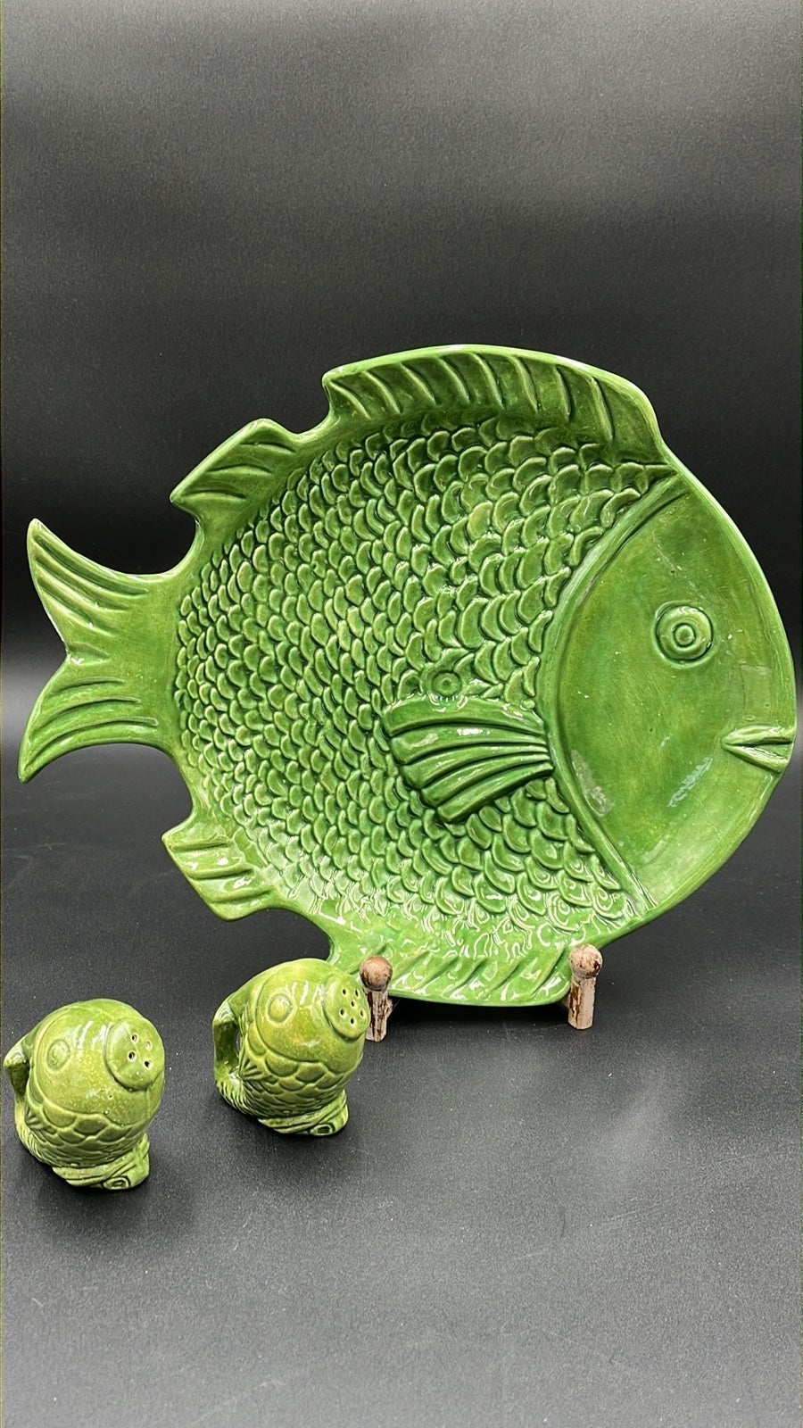 Holland Style Mold Pottery Fish Plate/Dish and Salt & Pepper Shakers