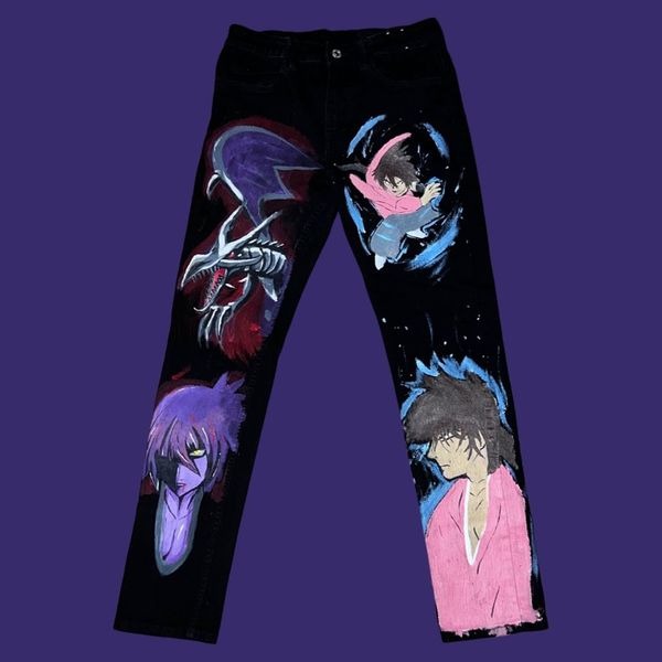Unique Kids Hand Painted Anime Adjustable Black Jeans 23x25