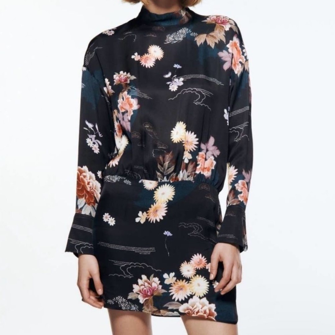 Zara The Camila Dress Black Oriental Floral Mini Satin Dress Size XL