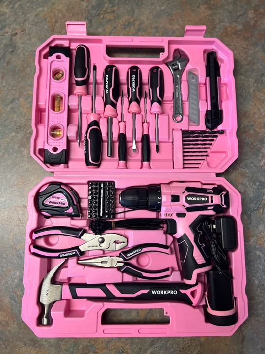 WORKPRO Pink Tool Set with Power Drill, 108PCS Portable Ladies Pink Drill Kit