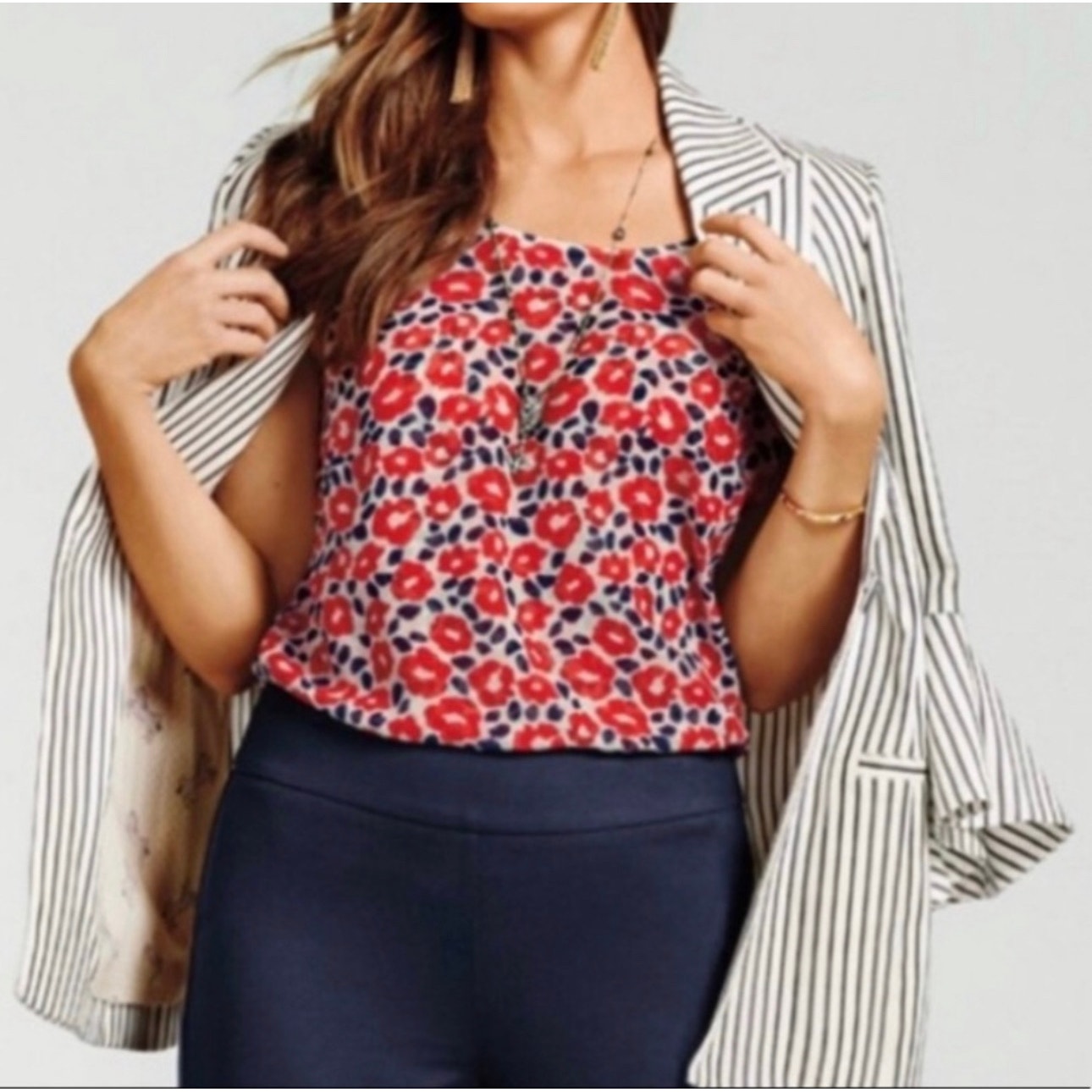 CAbi 5356 flipside cami blouse top red navy floral reversible Small