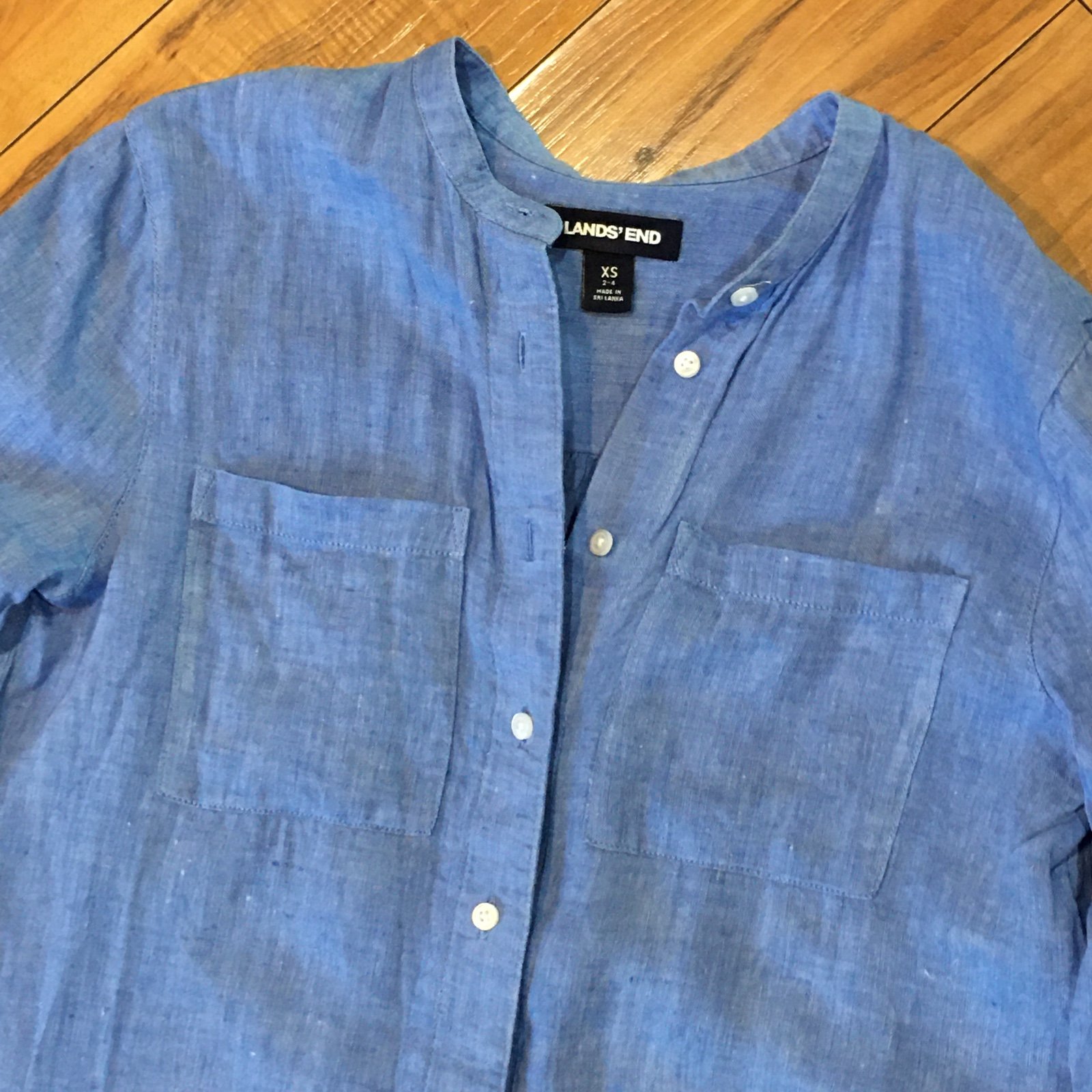 Lands End blue linen button up down blouse coastal beach cottage core small