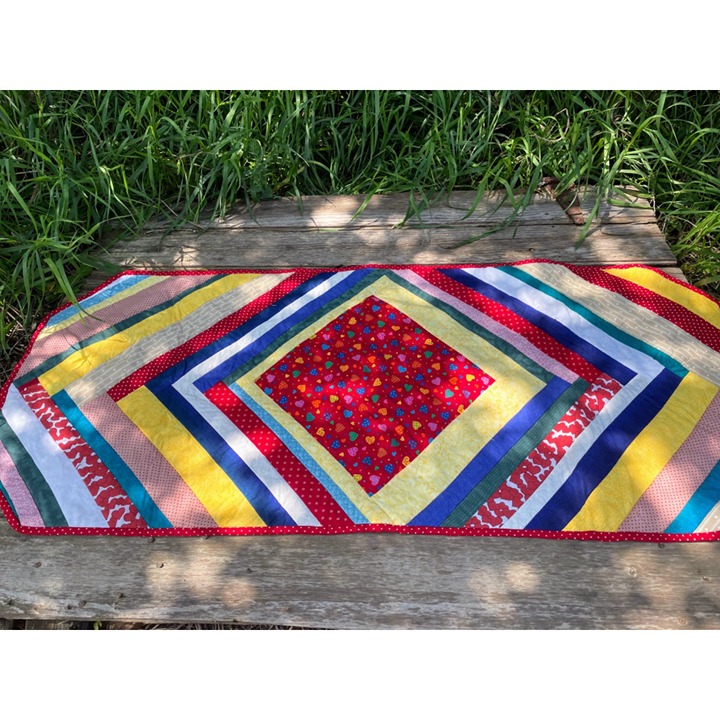 Vintage 1980s Quilted Table Runner Mat Hearts, Rainbow 49x21
