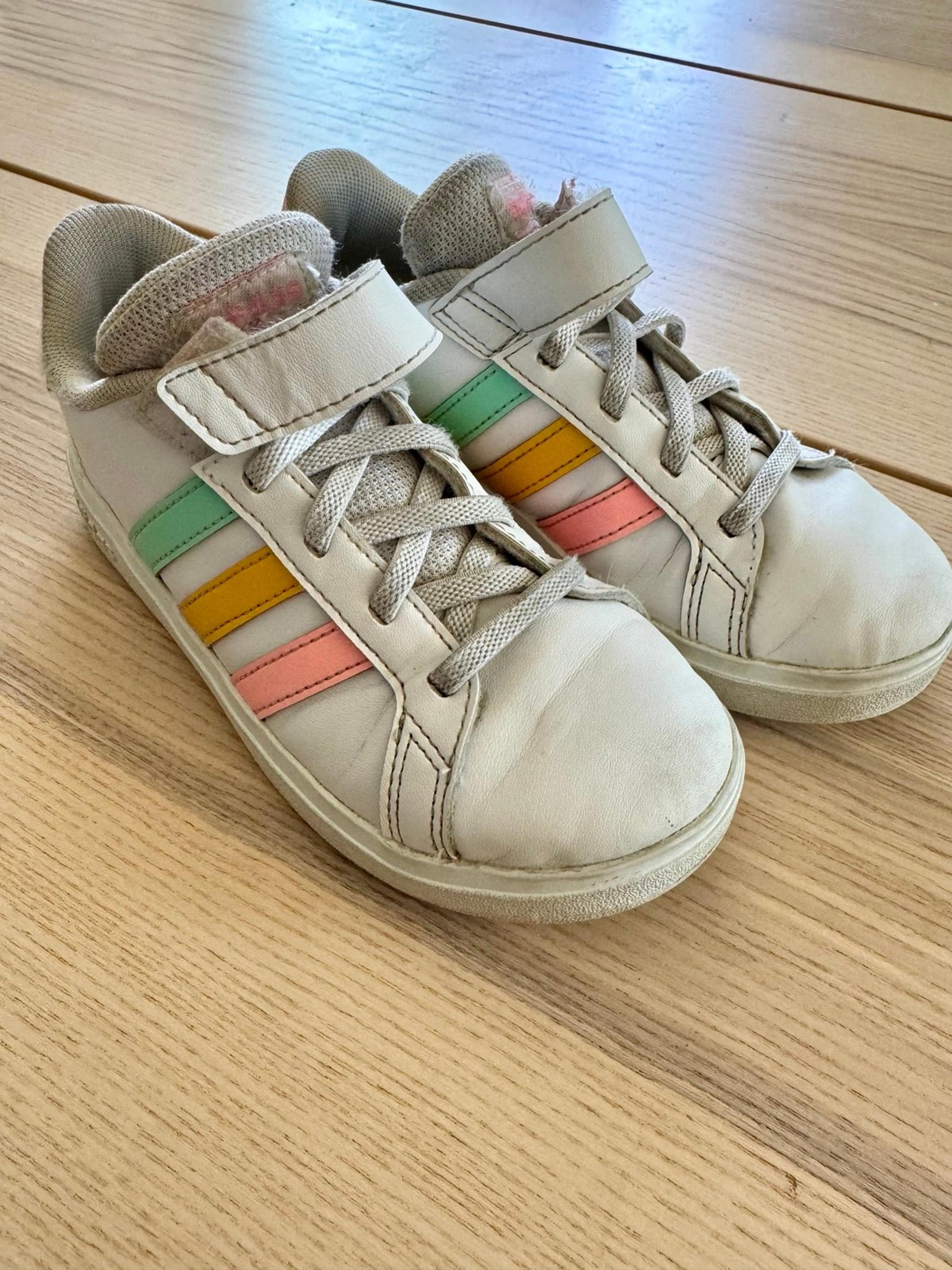 Adidas Court Trainers White/Green, Yellow and Pink stripes 13K