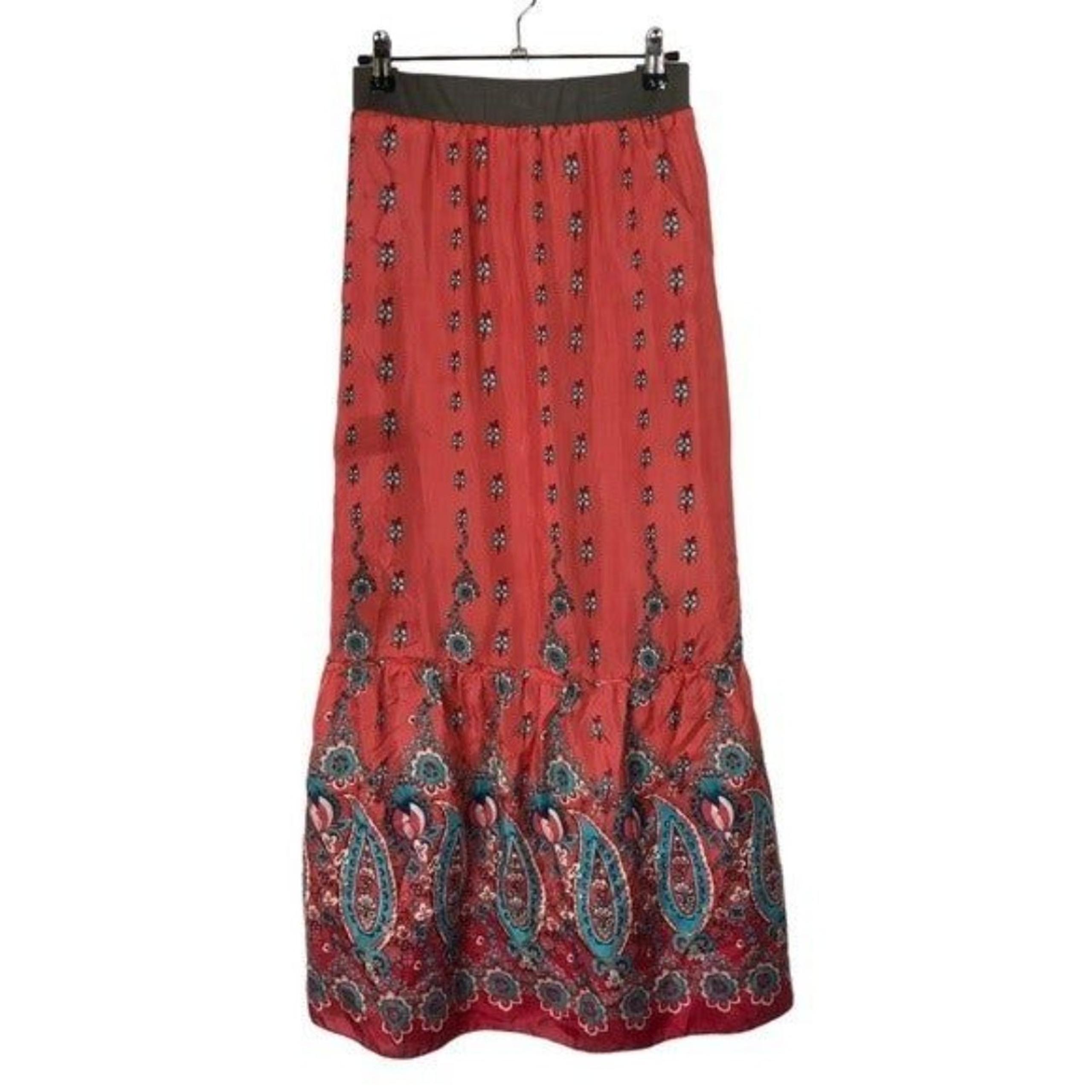 Johnny Was Red Blue Paisley Silk Tiered Maxi Skirt S