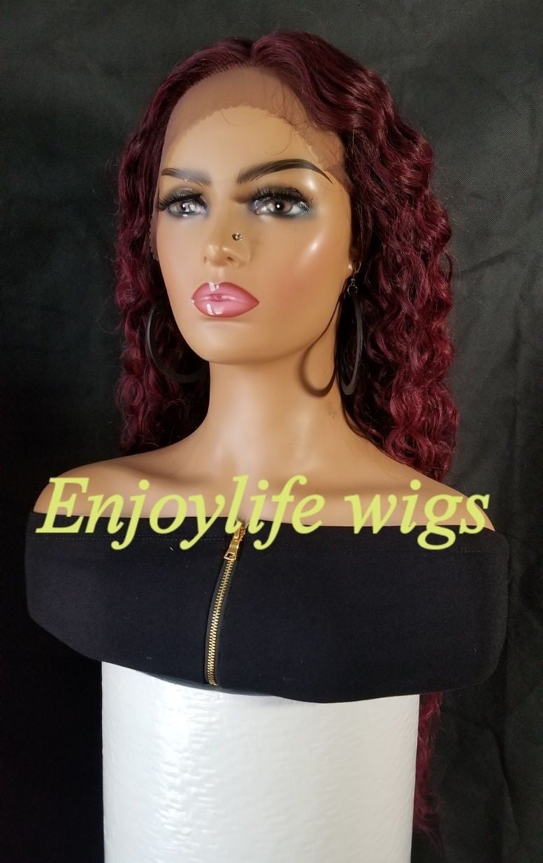 Lace front wig burgundy water wave wig