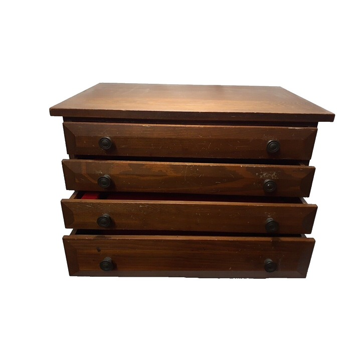 Silverware Box Wooden Holder Storage Chest Red Felt Fabric Lined, Four Drawer