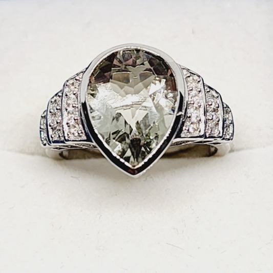 Montezuma Prasiolite (Green Amethyst) & Zircon ring in Plat/925SS sz 9 5.25cts