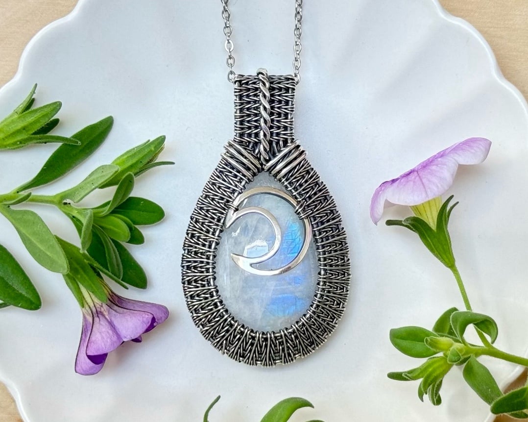 Moonstone Sterling Silver Wire Wrapped Pendant Necklace for Gift June Birthstone