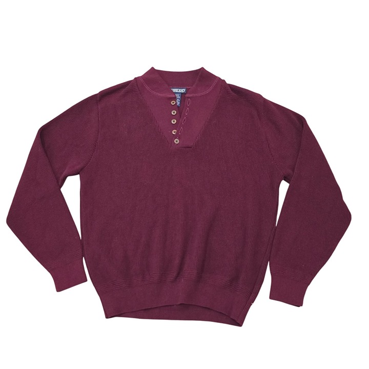 Mens vintage Lands End Burgundy Cotton Sweater L/S Henley Pullover L 42-44