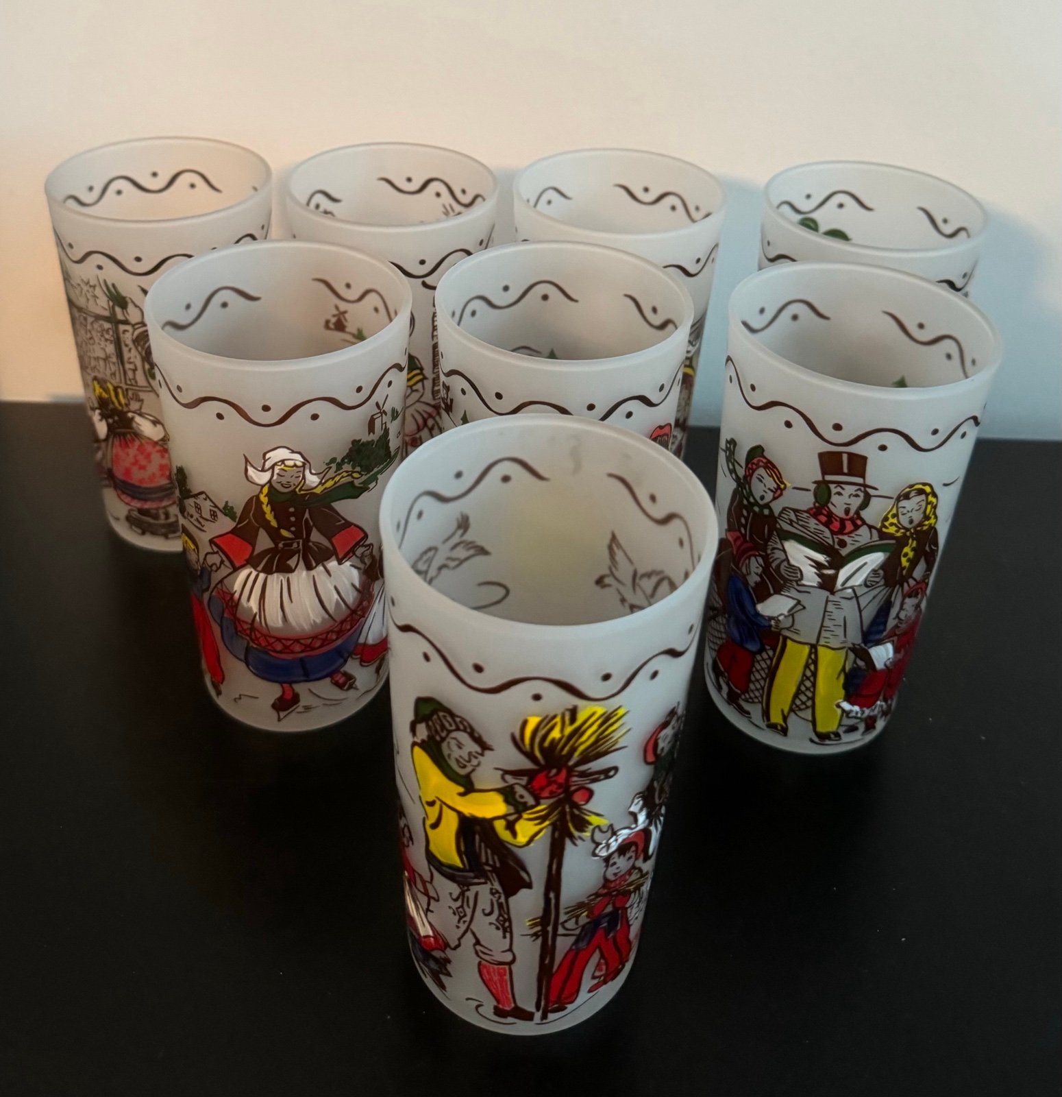 Federal Glass Christmas Traditions High Ball Glasses Frosted Set Of 8 MCM Bar