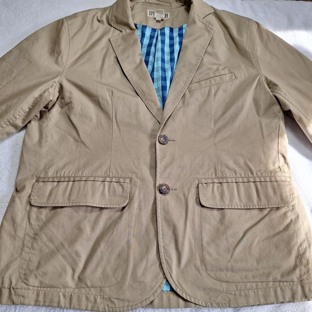 DULUTH TRADING Co Twill Presentation Jacket Mens Sz L Beige Travel Pockets Lined