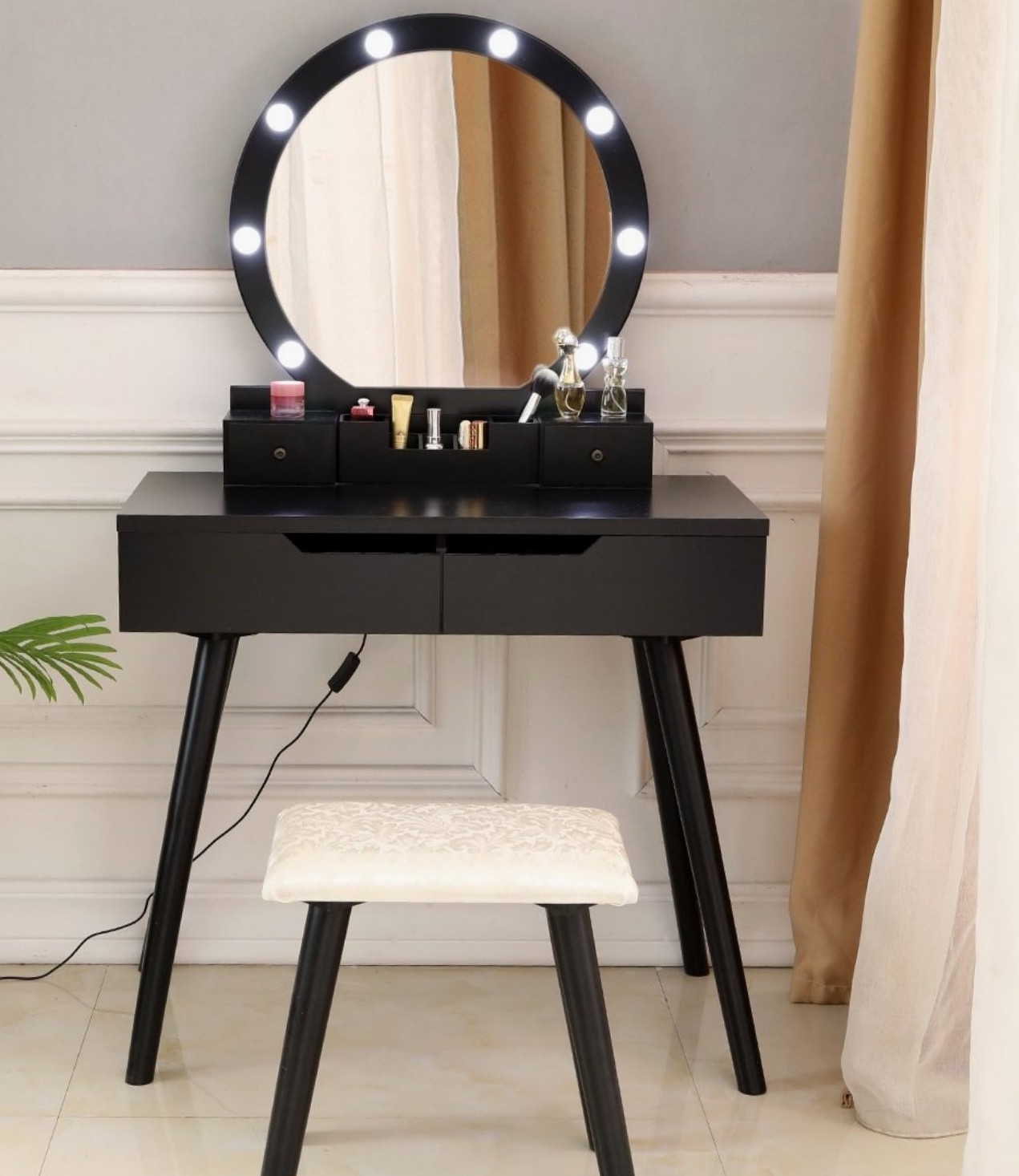 Black,Vanity Set with Round Lighted Mirror, Makeup Dressing Table &8 light bulbs