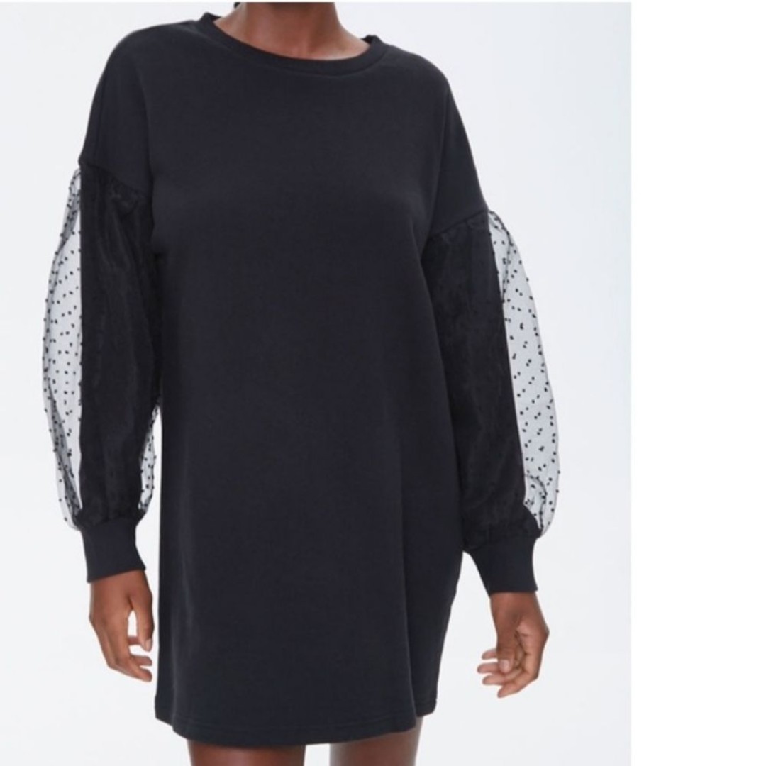 Ashley Stewart Black Polka Dot Mesh Long Sleeve Mini Dress 26 W