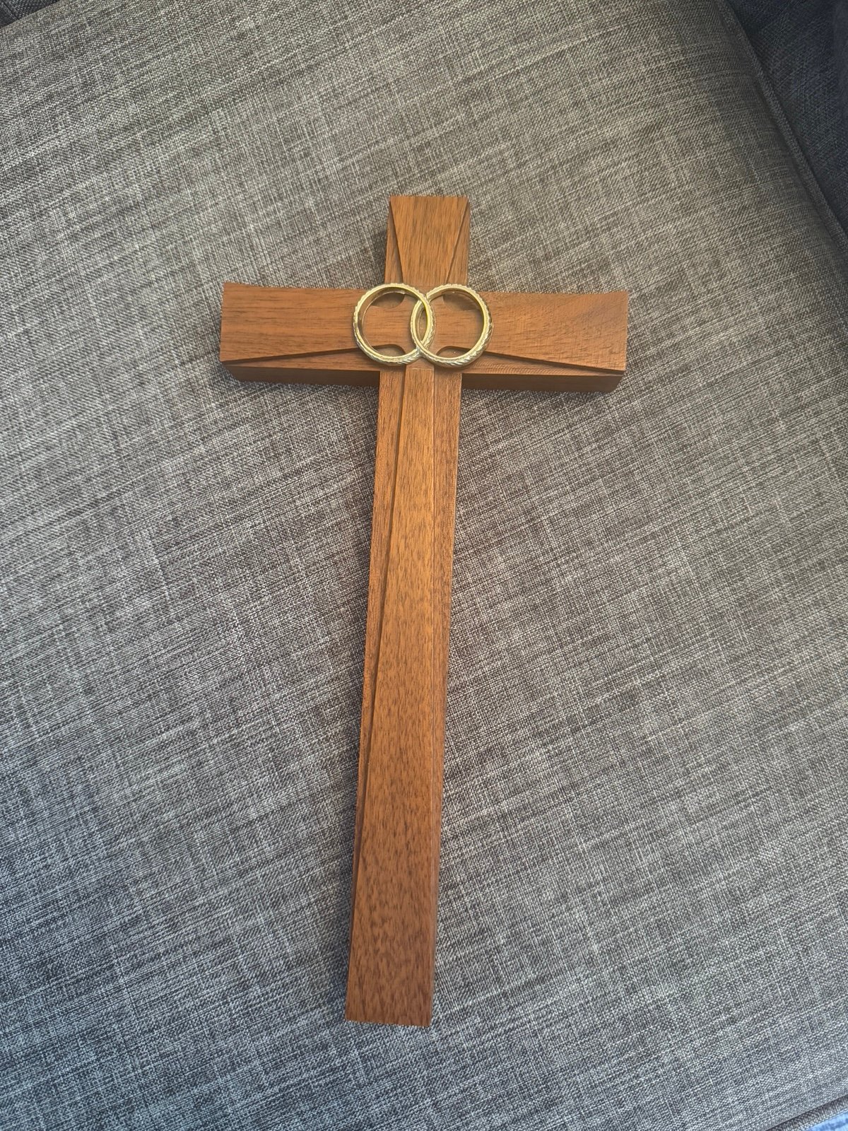 Brown wooden wedding cross with family tree hidden in the back