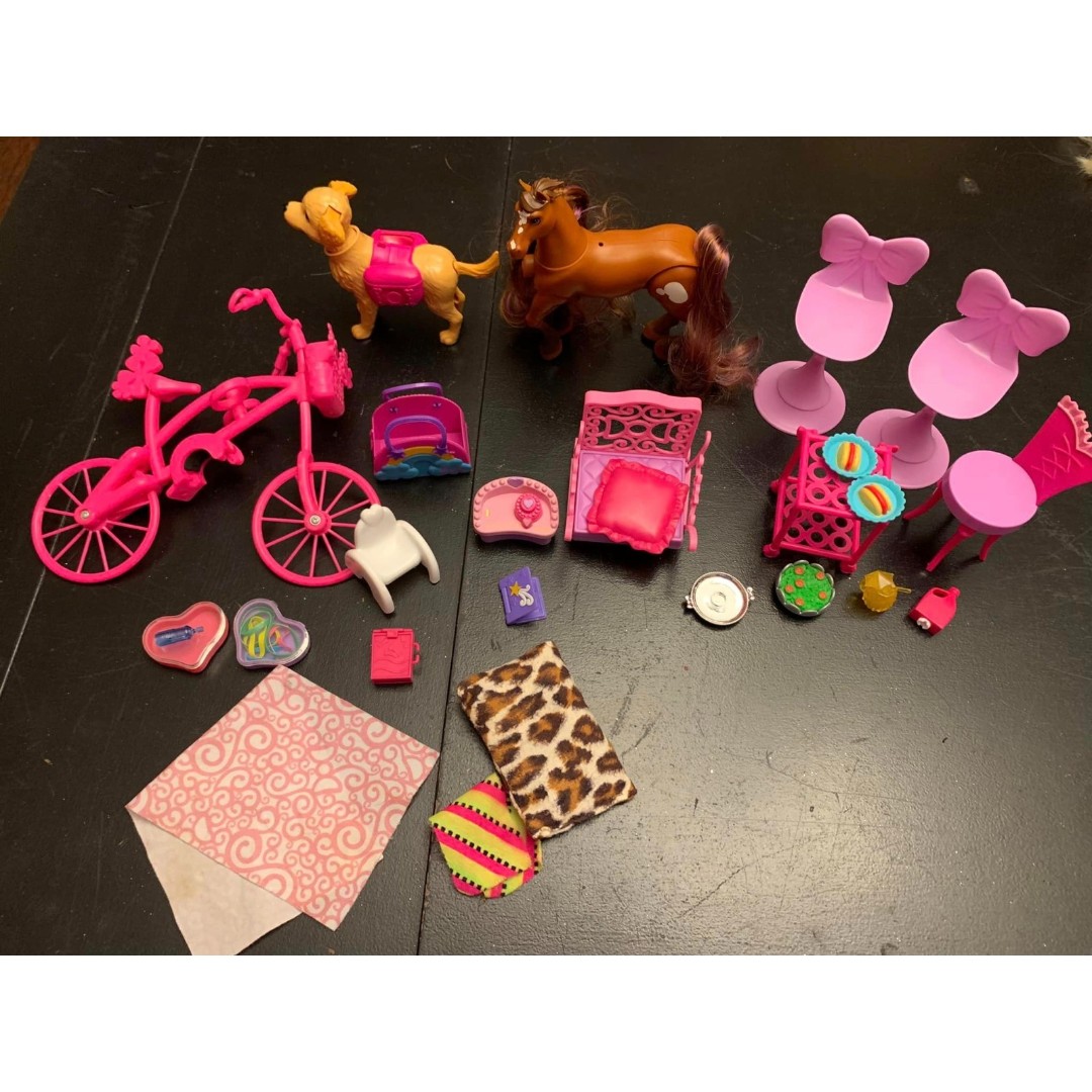 Lot of Barbie Accessories Including Bicycle Potty Training Dog Chairs Food Horse