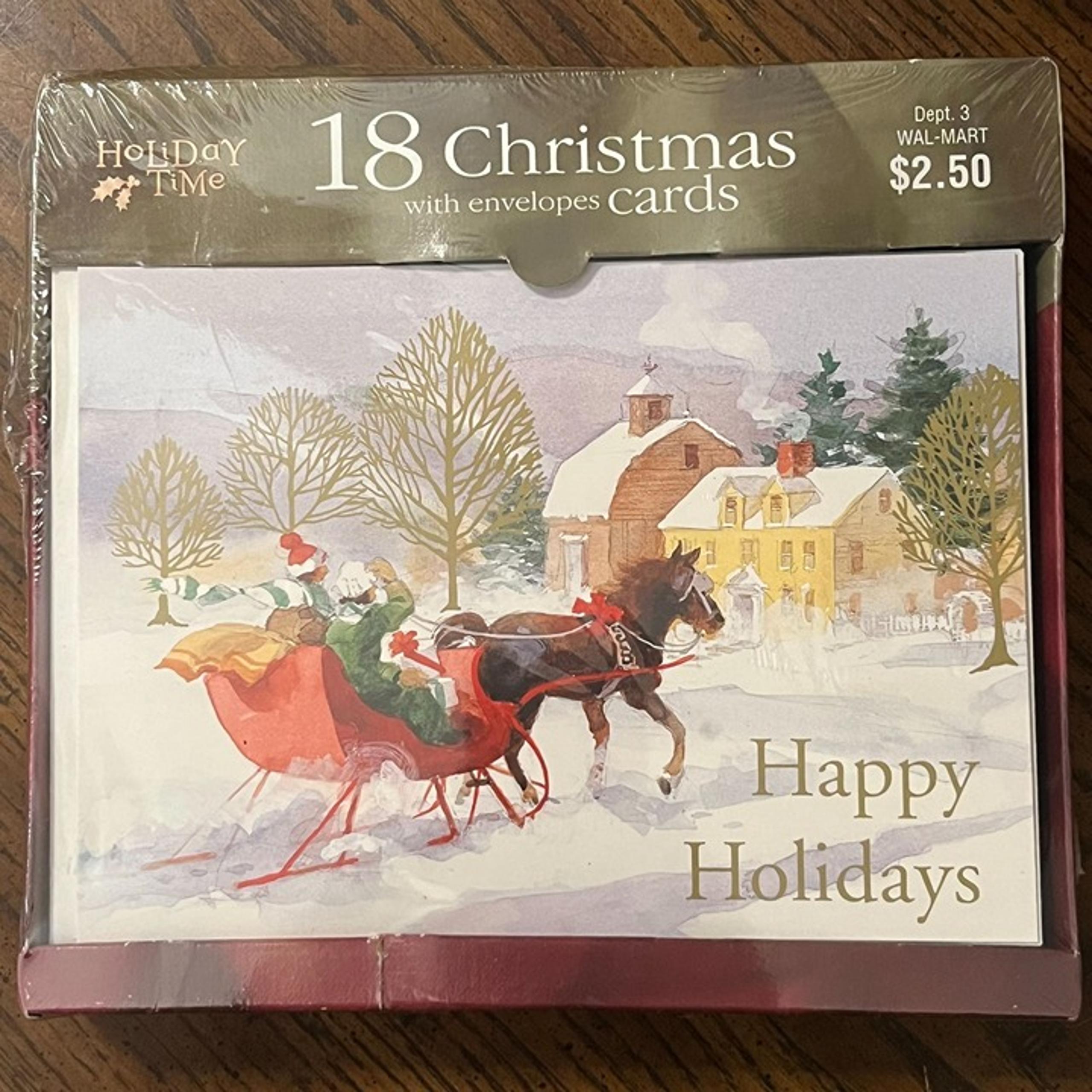 Holiday Time Christmas Cards & Envelopes Set Of 18 Horse Sleigh Winter Scene NOS