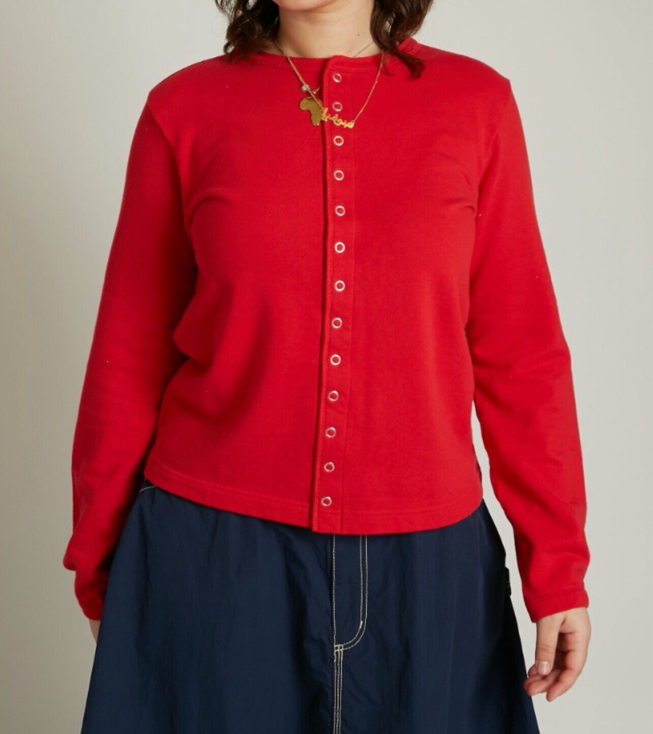 BEAMS BOY Womens Ring Dot Cardigan Red LS Sweater Shacket Demure Classy Japan