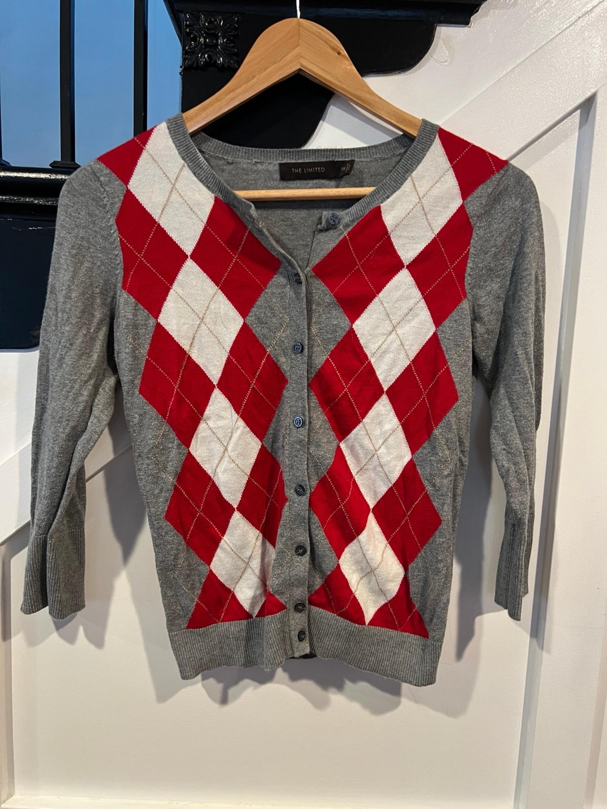 The Limited Argyle Cardigan Sweater 3/4 Sleeves Gray Red White X-Small Button Up