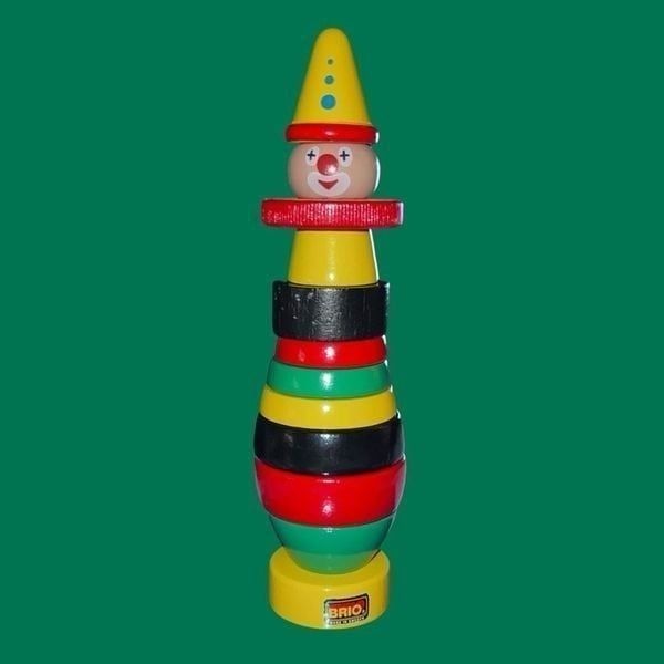 Vintage Brio Wooden Stacking Clown Green/Black/Yellow/Red B1. COMPLETE