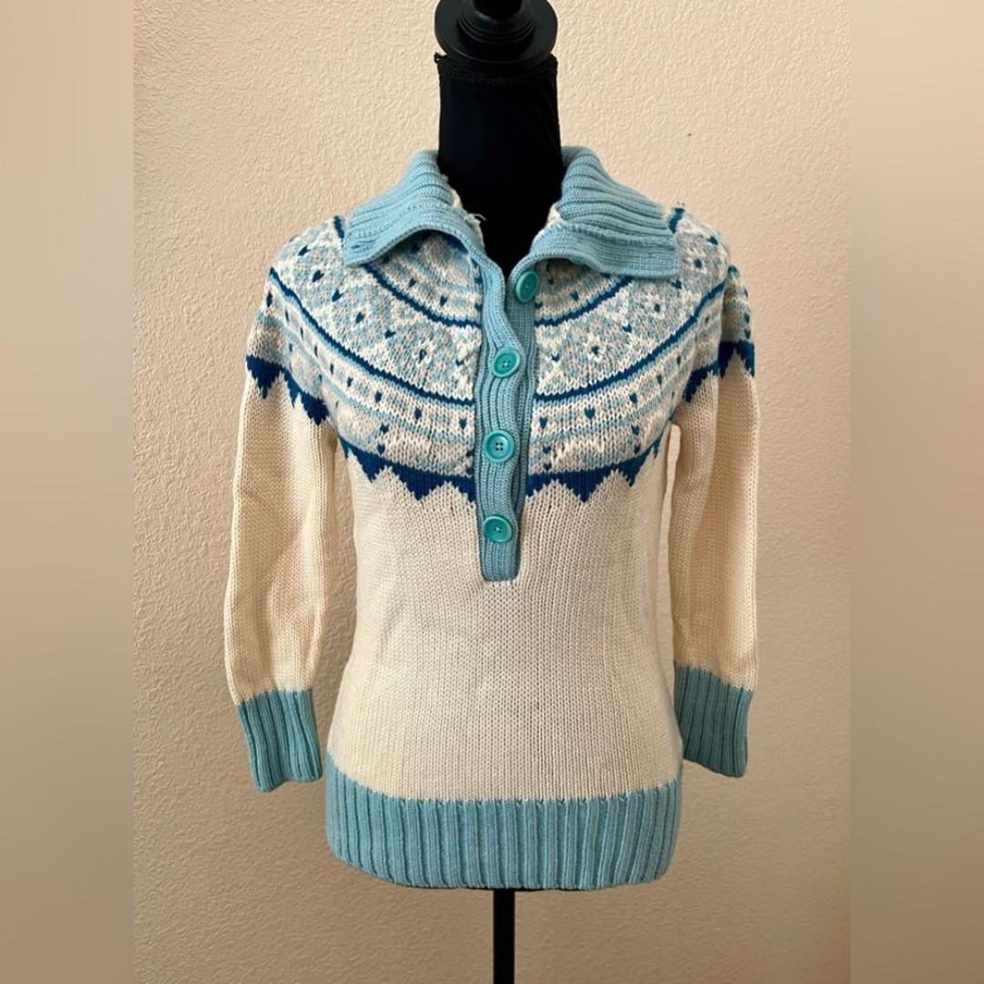 Vintage Y2K Banana Republic Sweater Blue Cream Fair Isle Italian Merino Wool XS